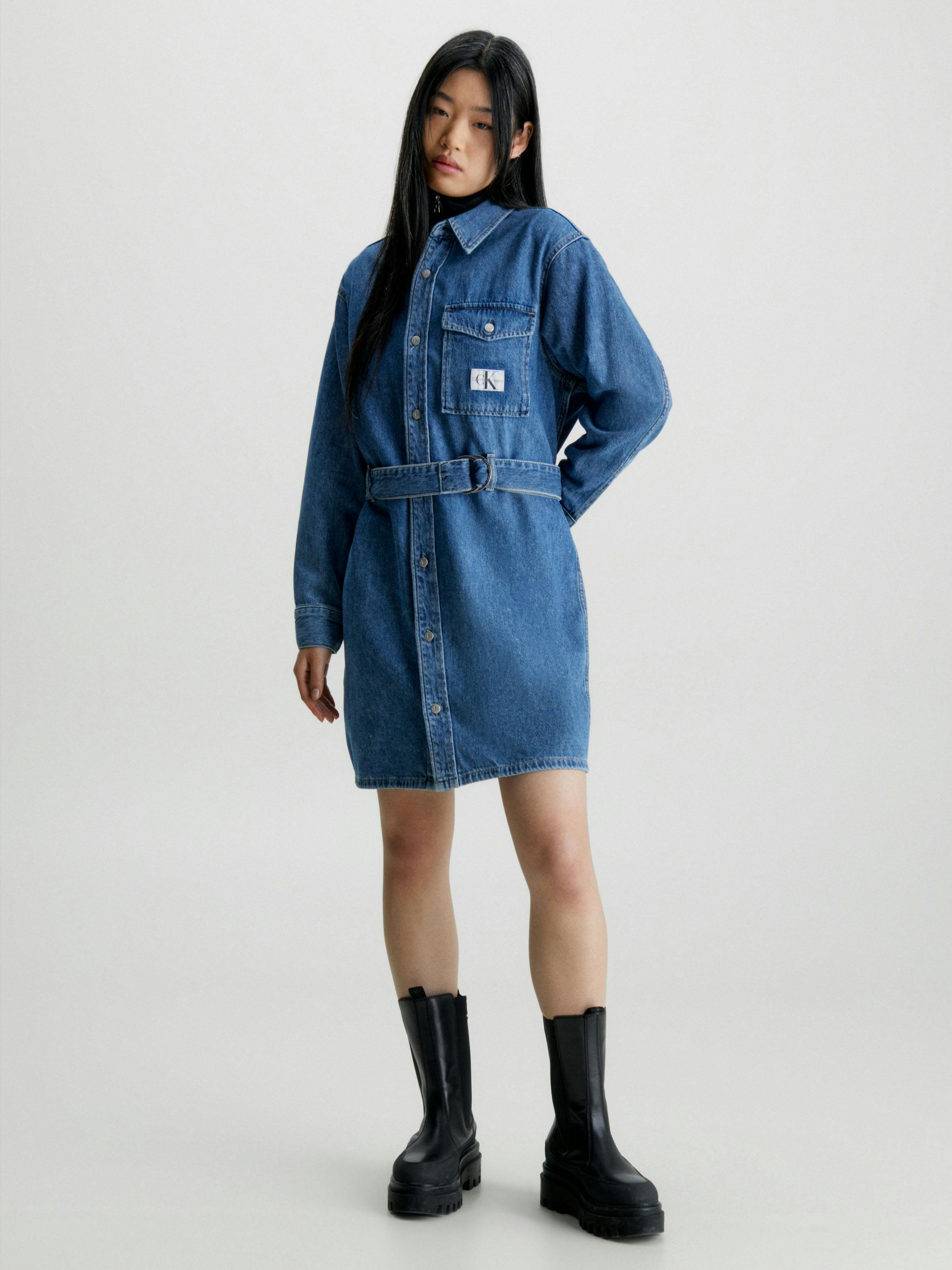 calvin klein belted denim dress Calvin Klein Women's Belted Denim Faux-Wrap Dress