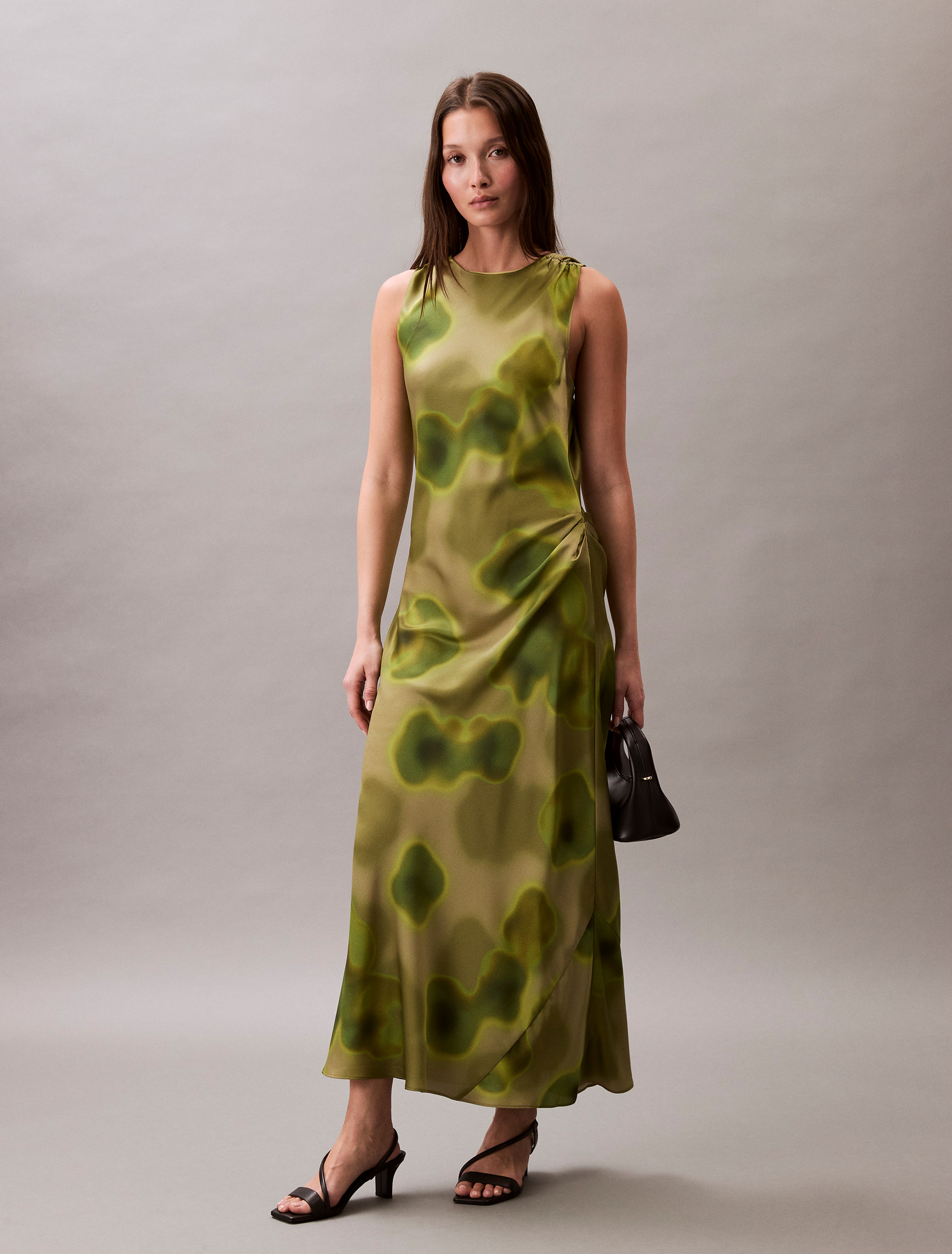 Crushed Satin Floral Midi Dress