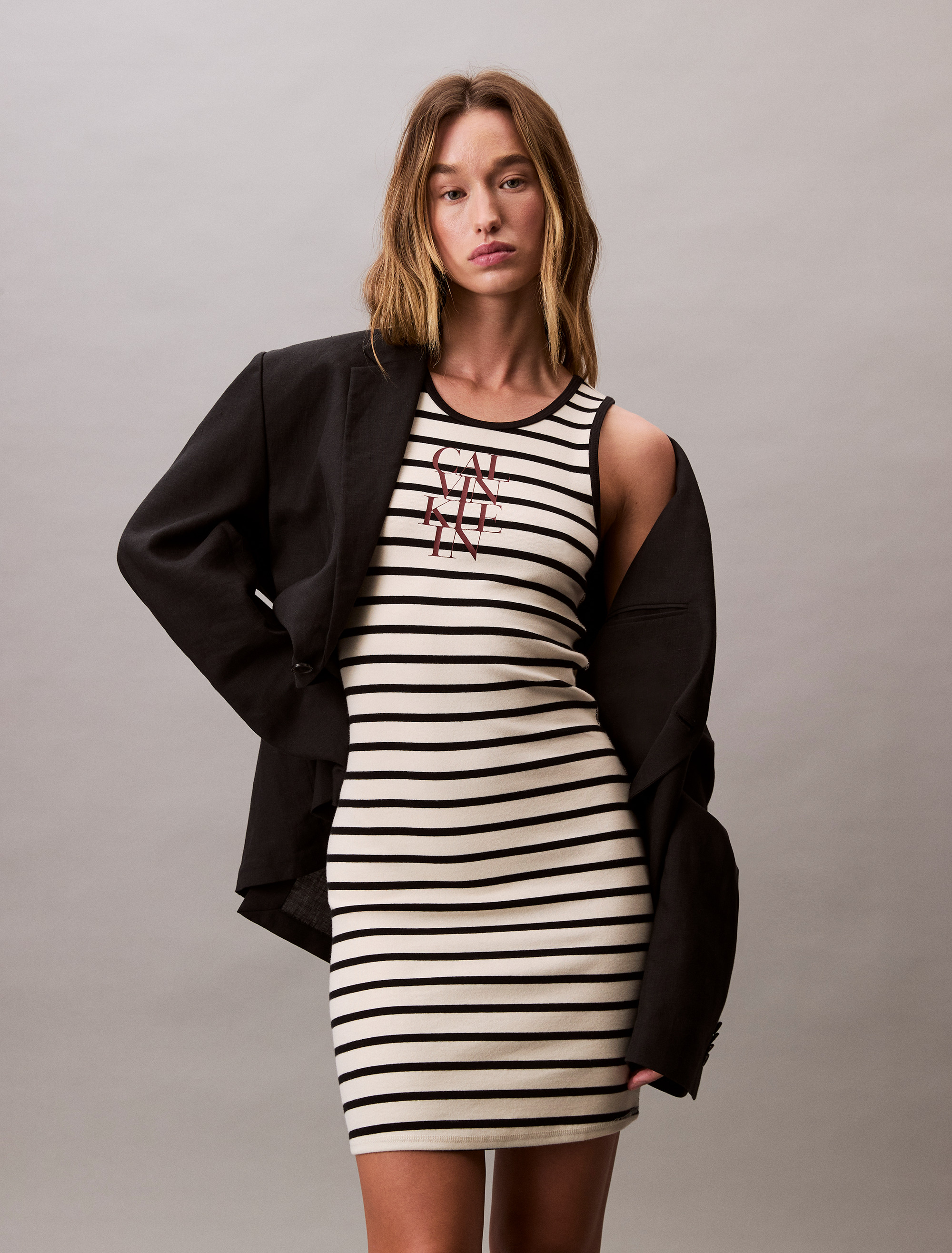 Stripe Cotton Rib Sleeveless Dress | Calvin Klein