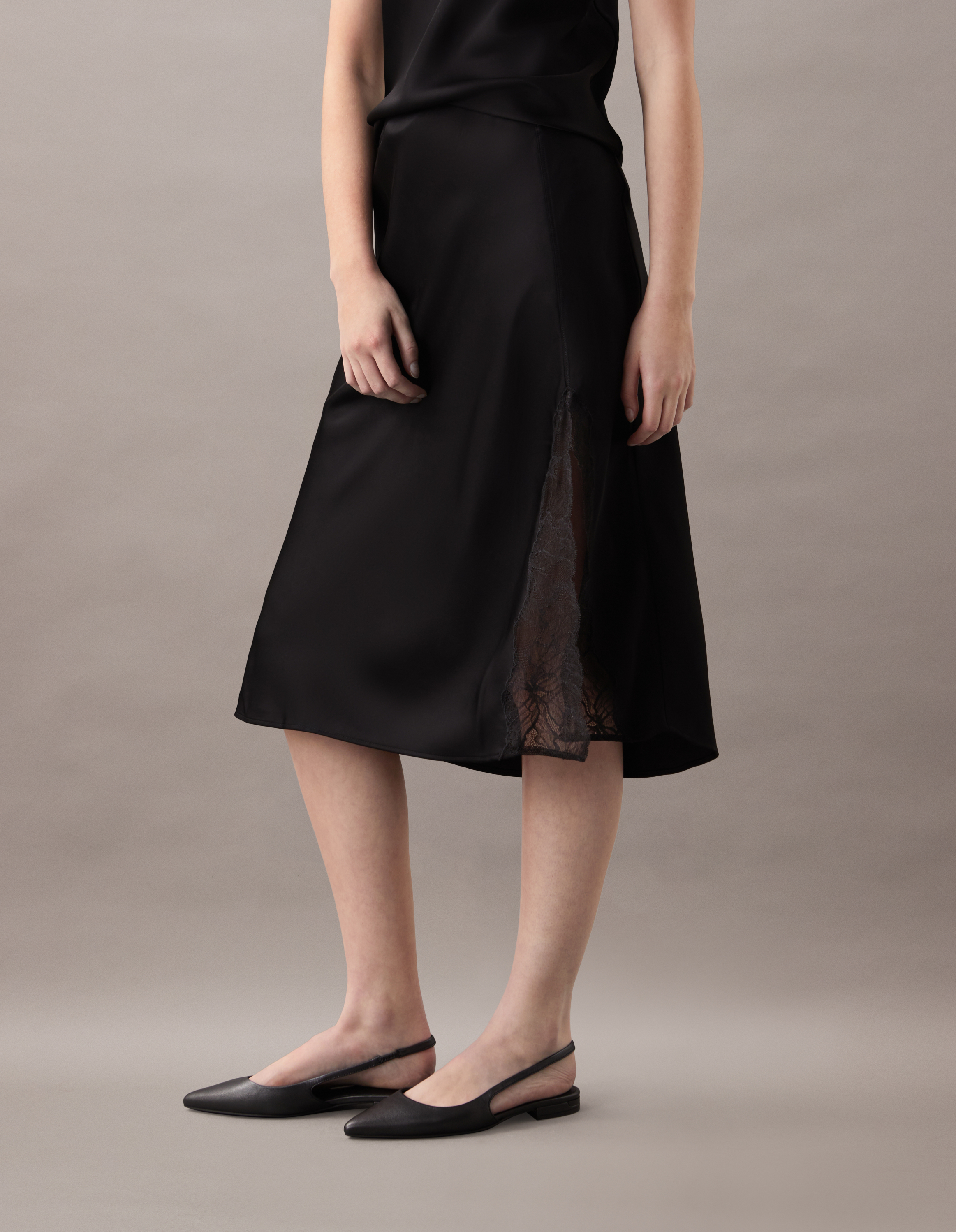 Matte Satin Lace Trim Midi Skirt