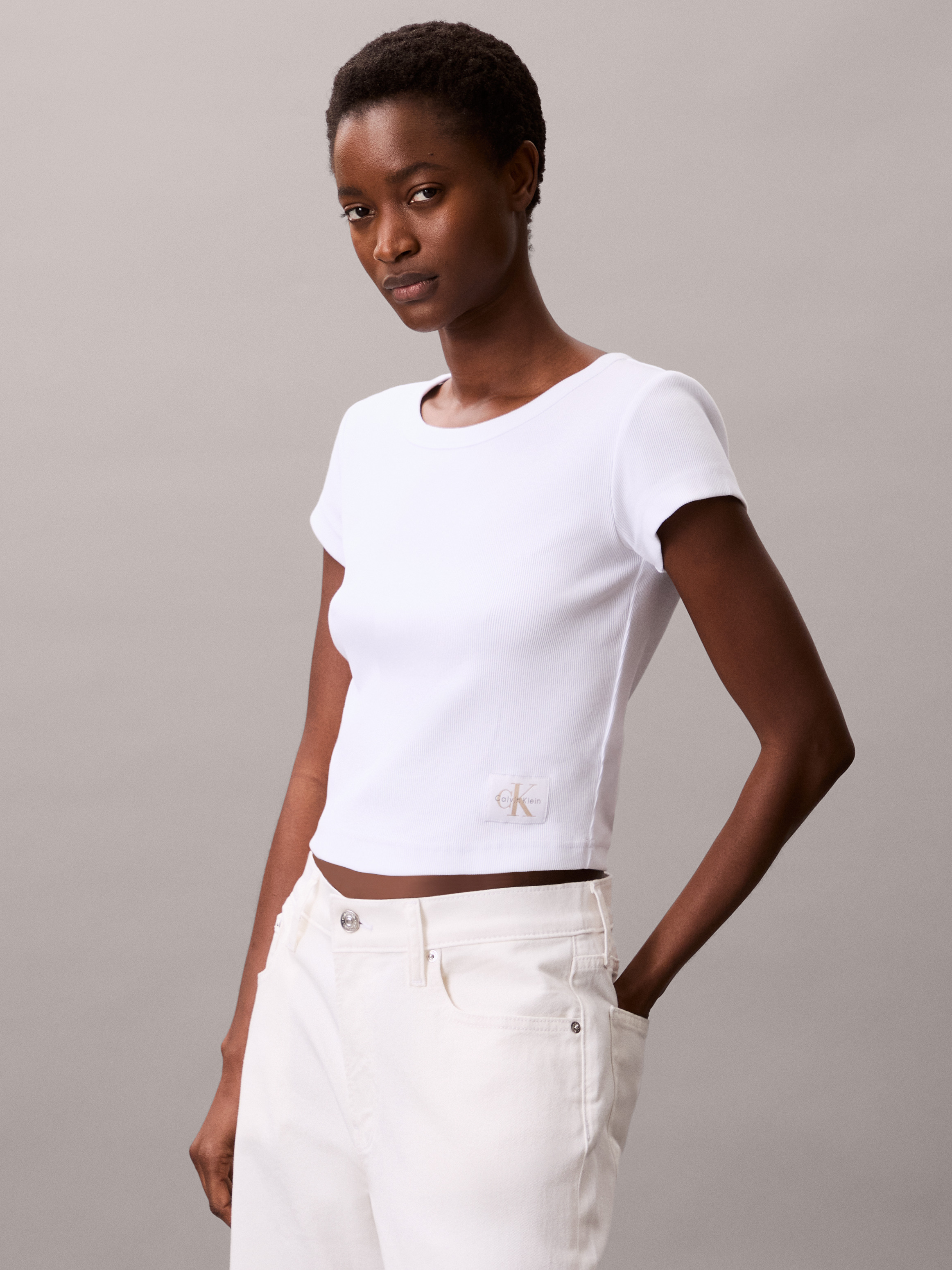売れ筋商品|||カルバンクライン カットソー トップス レディース Women's Ribbed Monogram-Logo Polo Top Brilliant White Ribbed Cotton Logo Tank Top | Calvin Klein