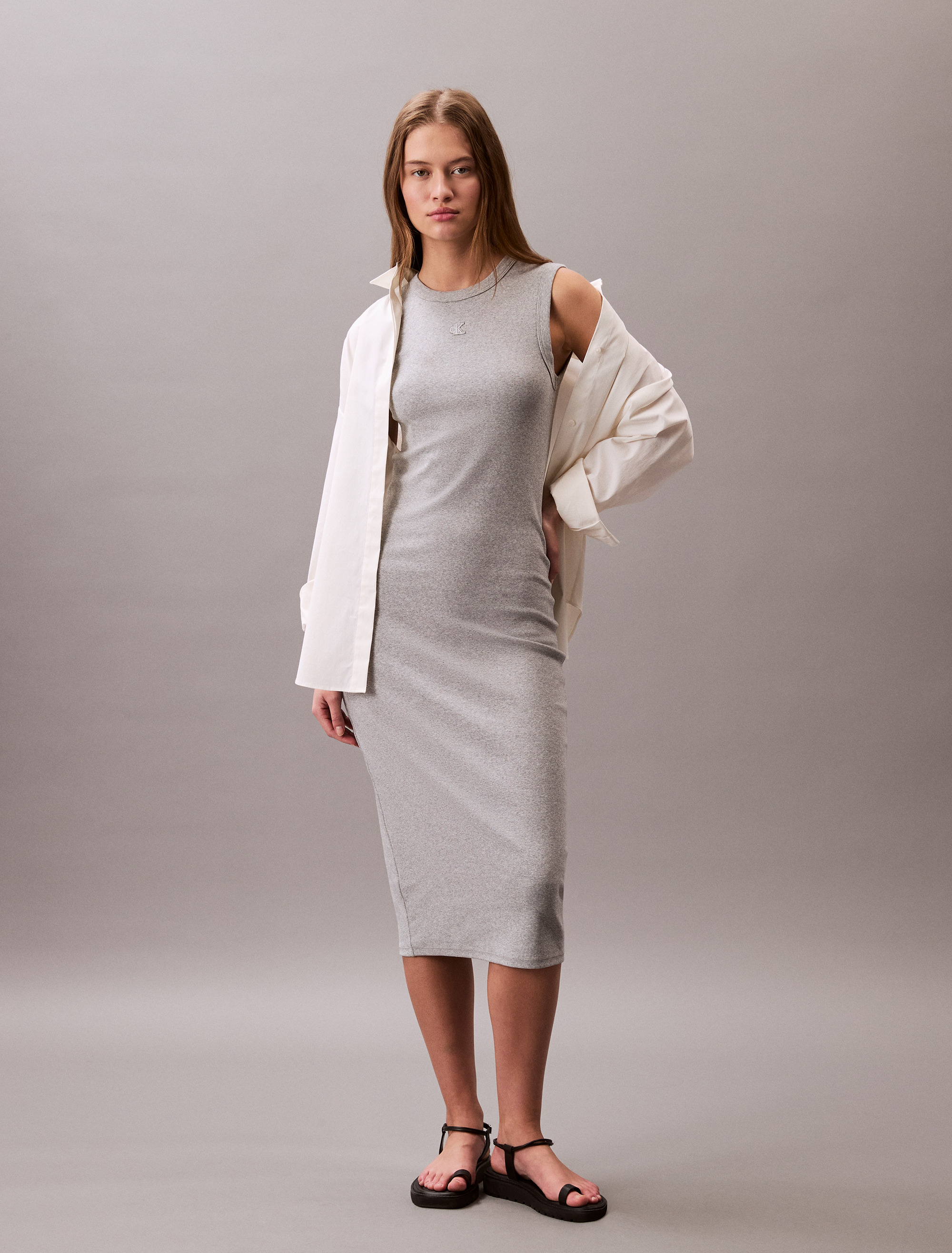 Cotton Contour Rib Monogram Logo Midi Dress