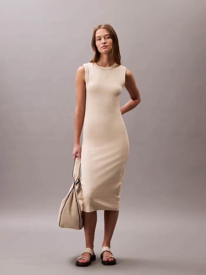 Cotton Contour Rib Monogram Logo Midi Dress | Calvin Klein