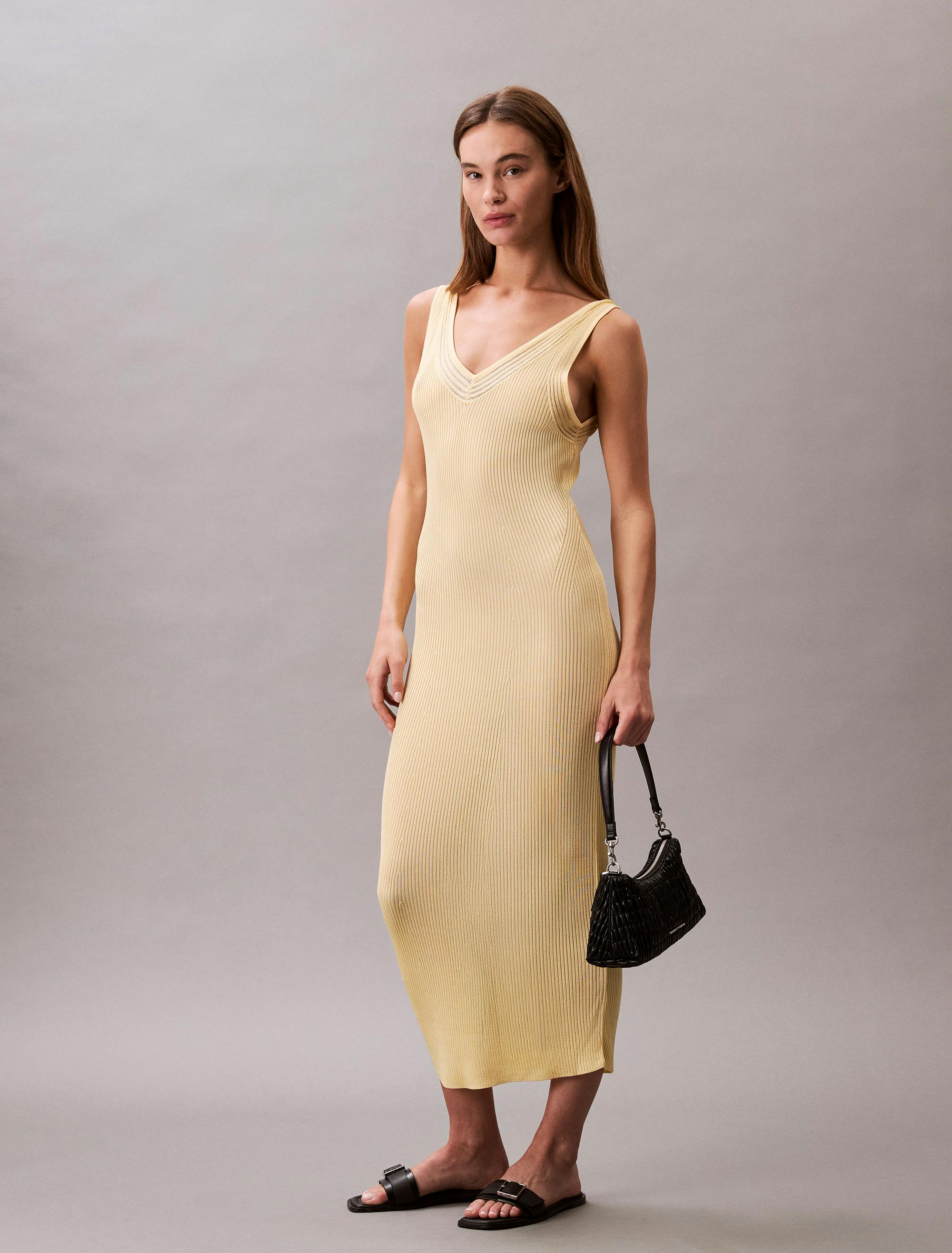 strapless open back dress Elegant Ribbed Midi Dress with Gold Accents main image 1
