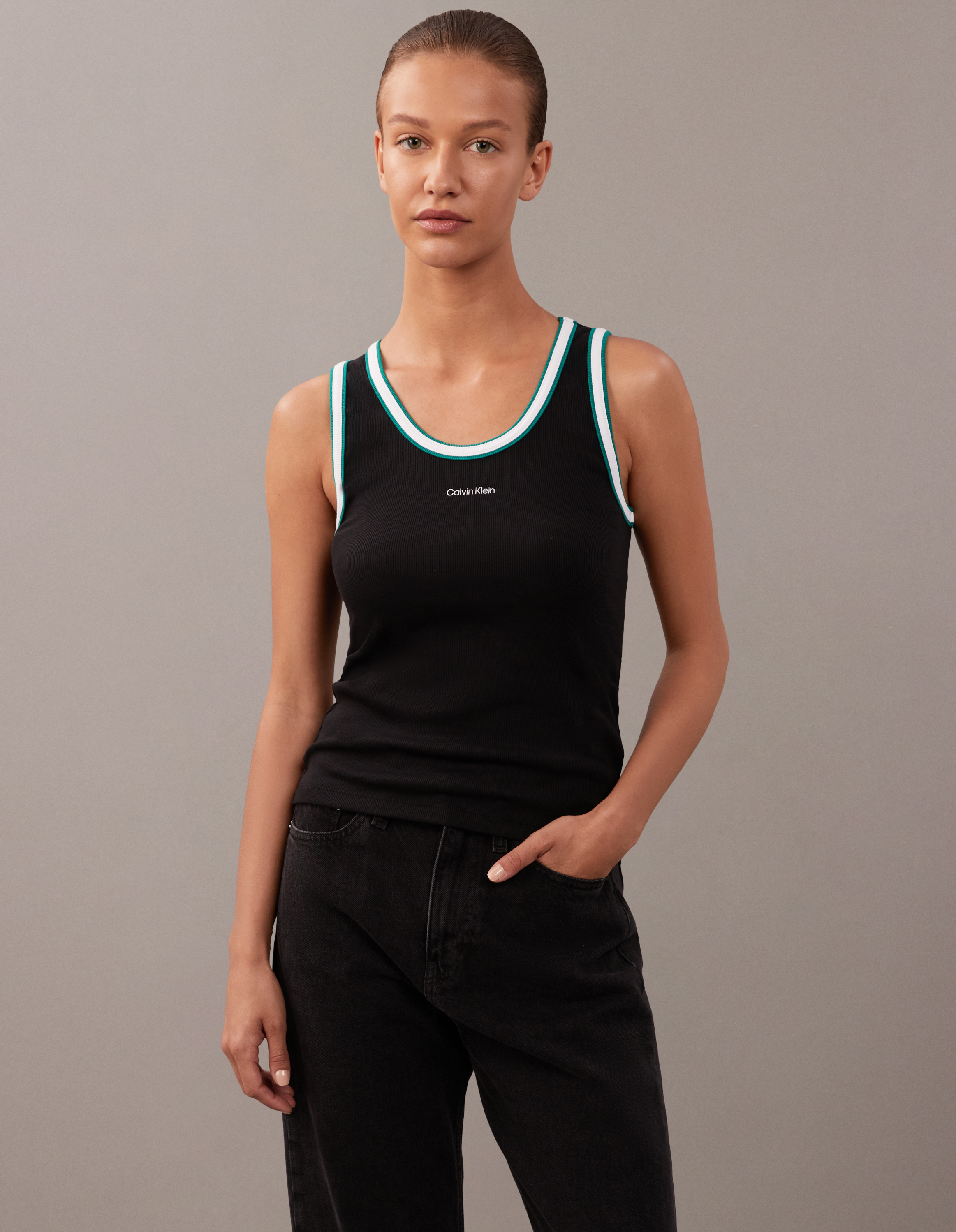 Contrast Trim Ribbed Logo Graphic Tank Top