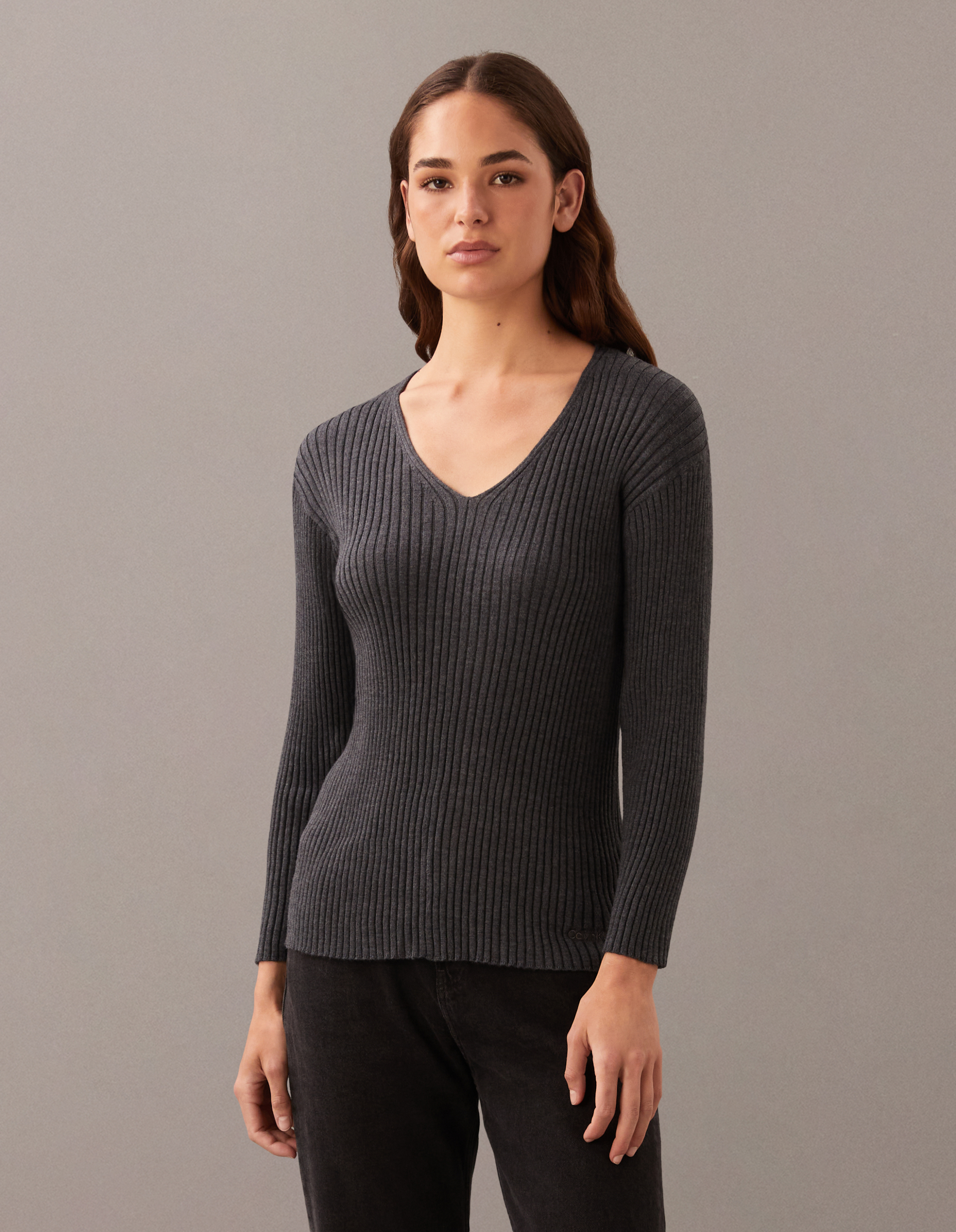 Rib V-Neck Long Sleeve Top