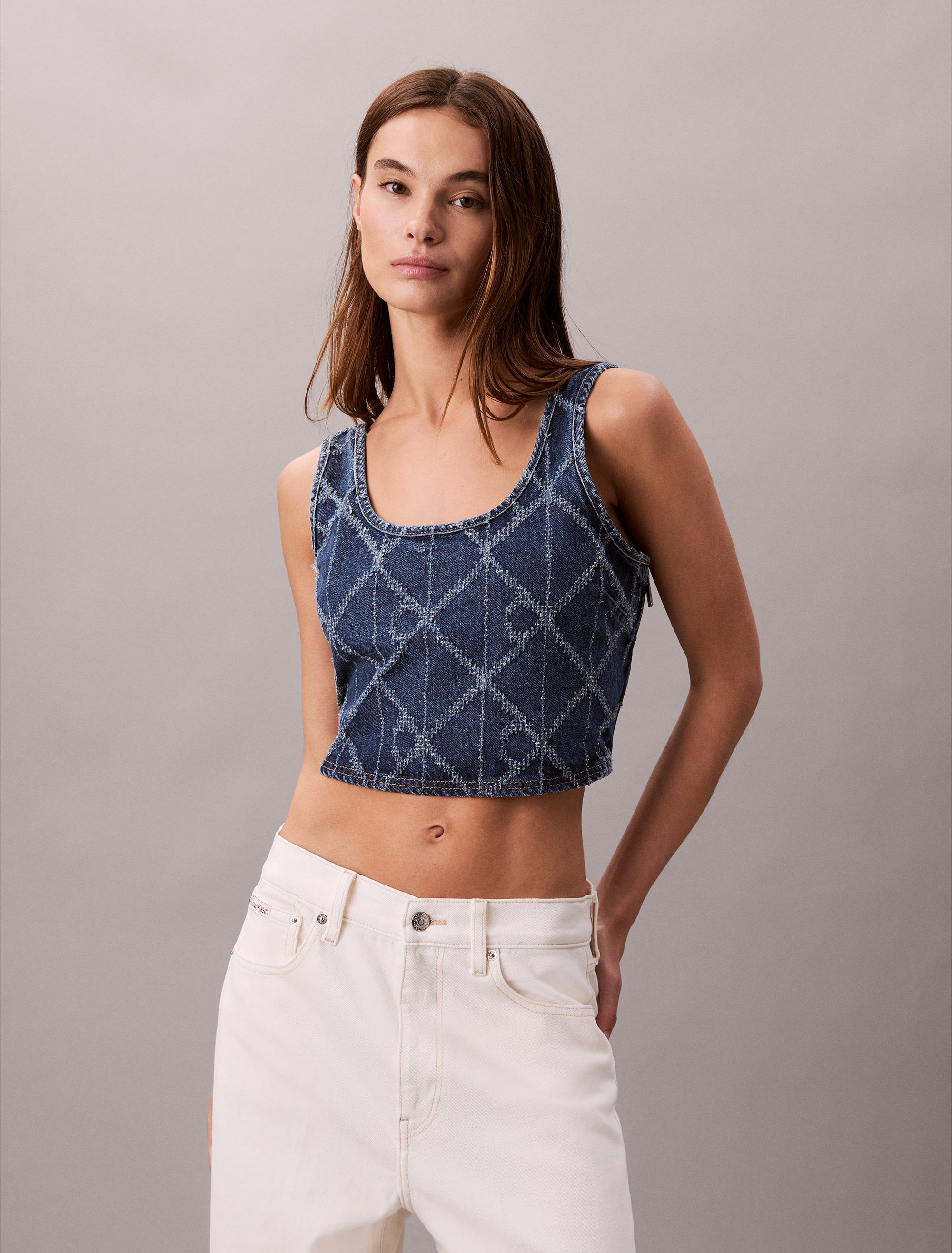 Denim Allover Monogram Cropped Tank Top