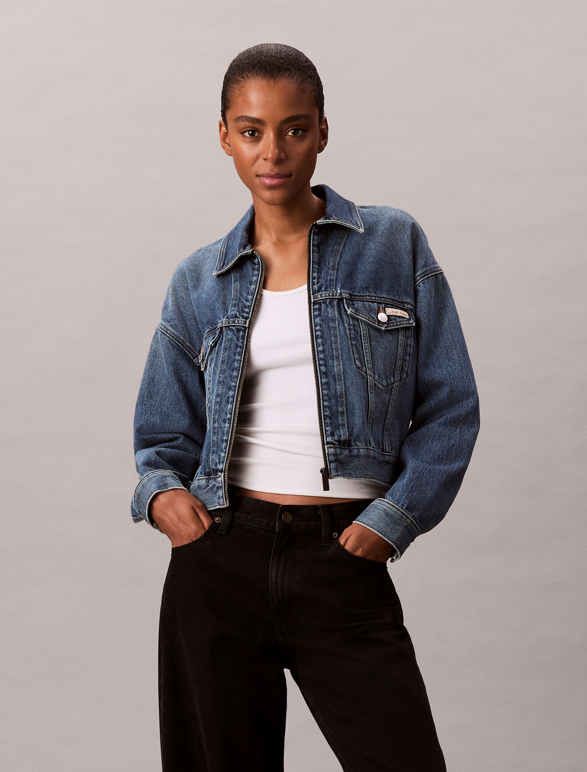 Cropped Zip Up Denim Jacket