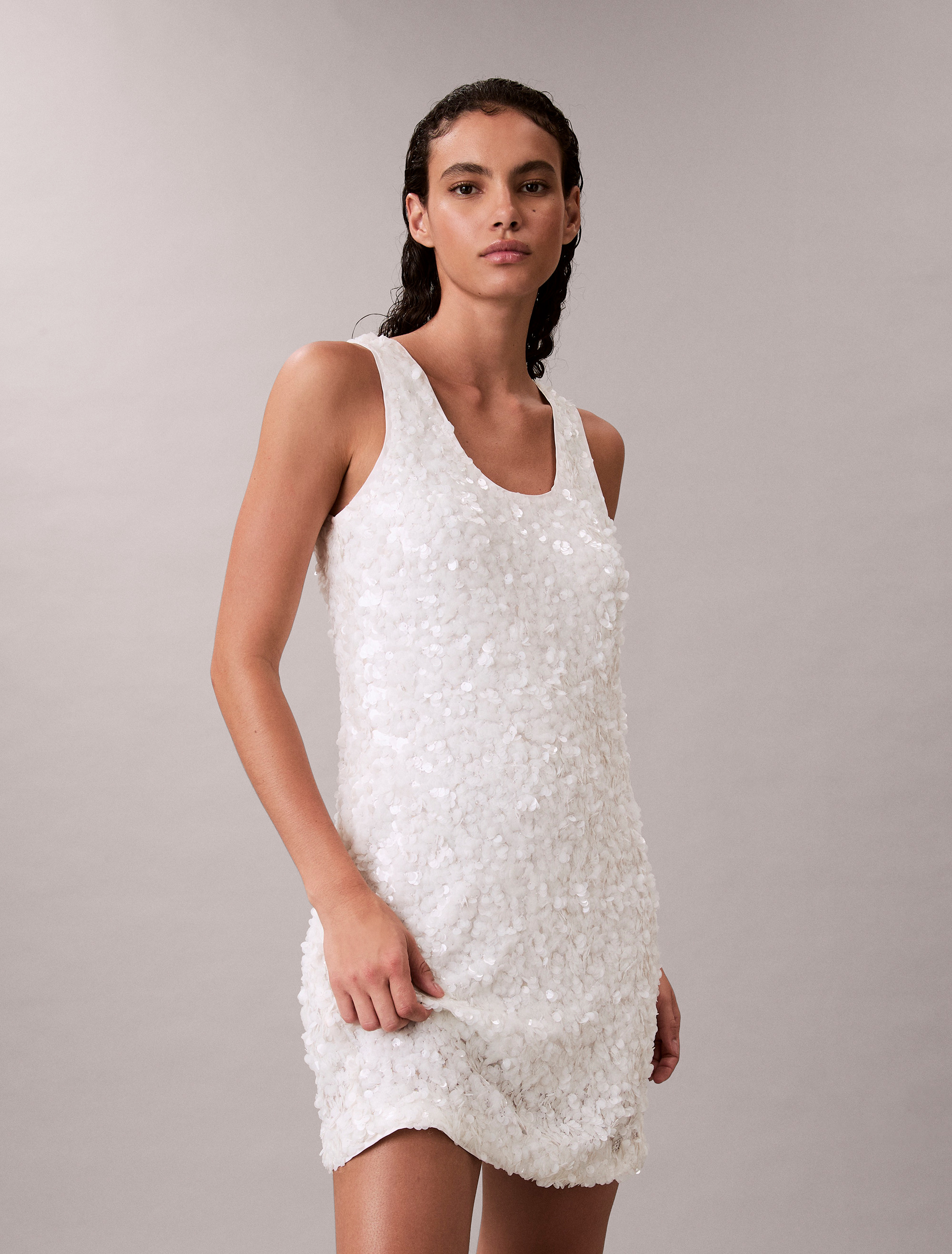 calvin klein white sequin dress Calvin Klein Women's Sequin Mini Dress in White Greige