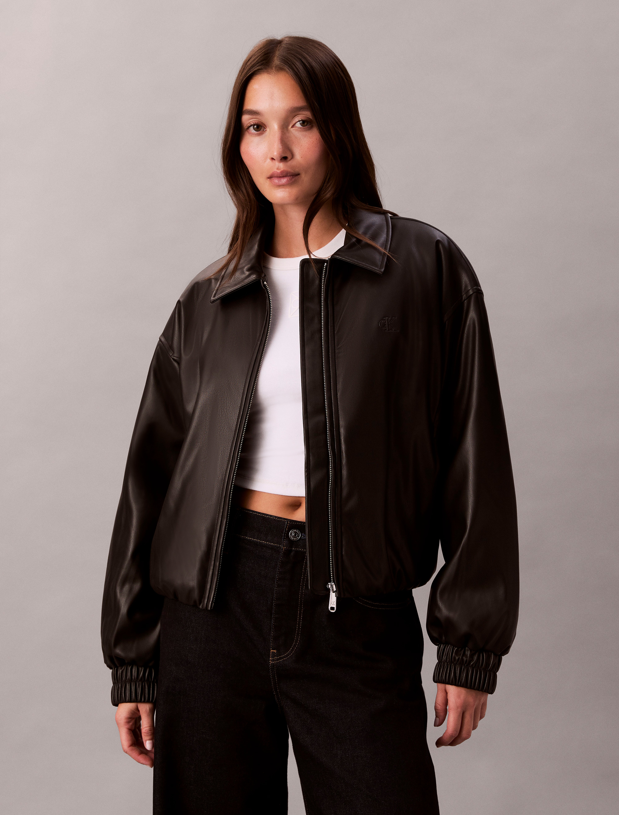 Faux Leather Relaxed Bomber Jacket