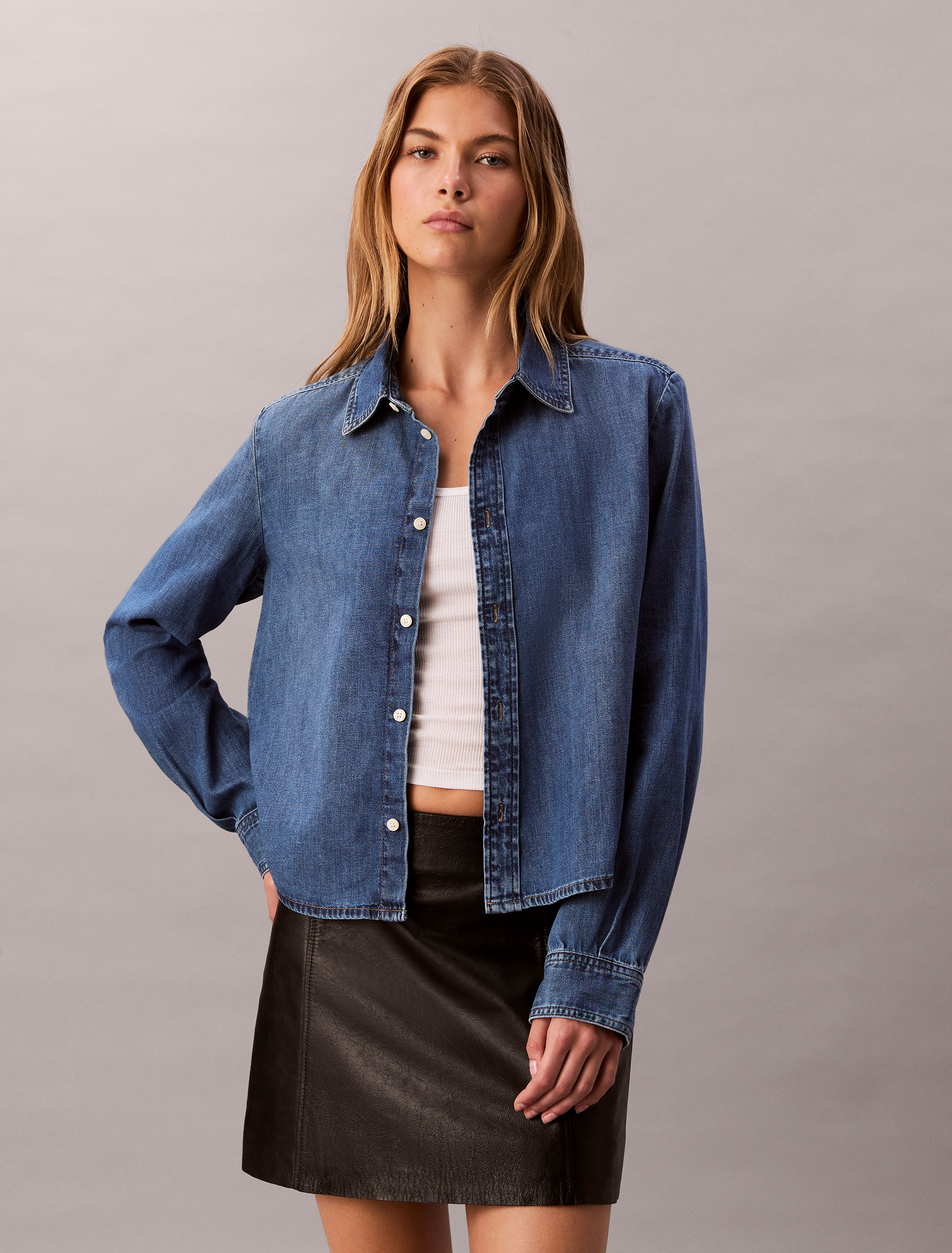 Denim Cropped Button-Down Shirt