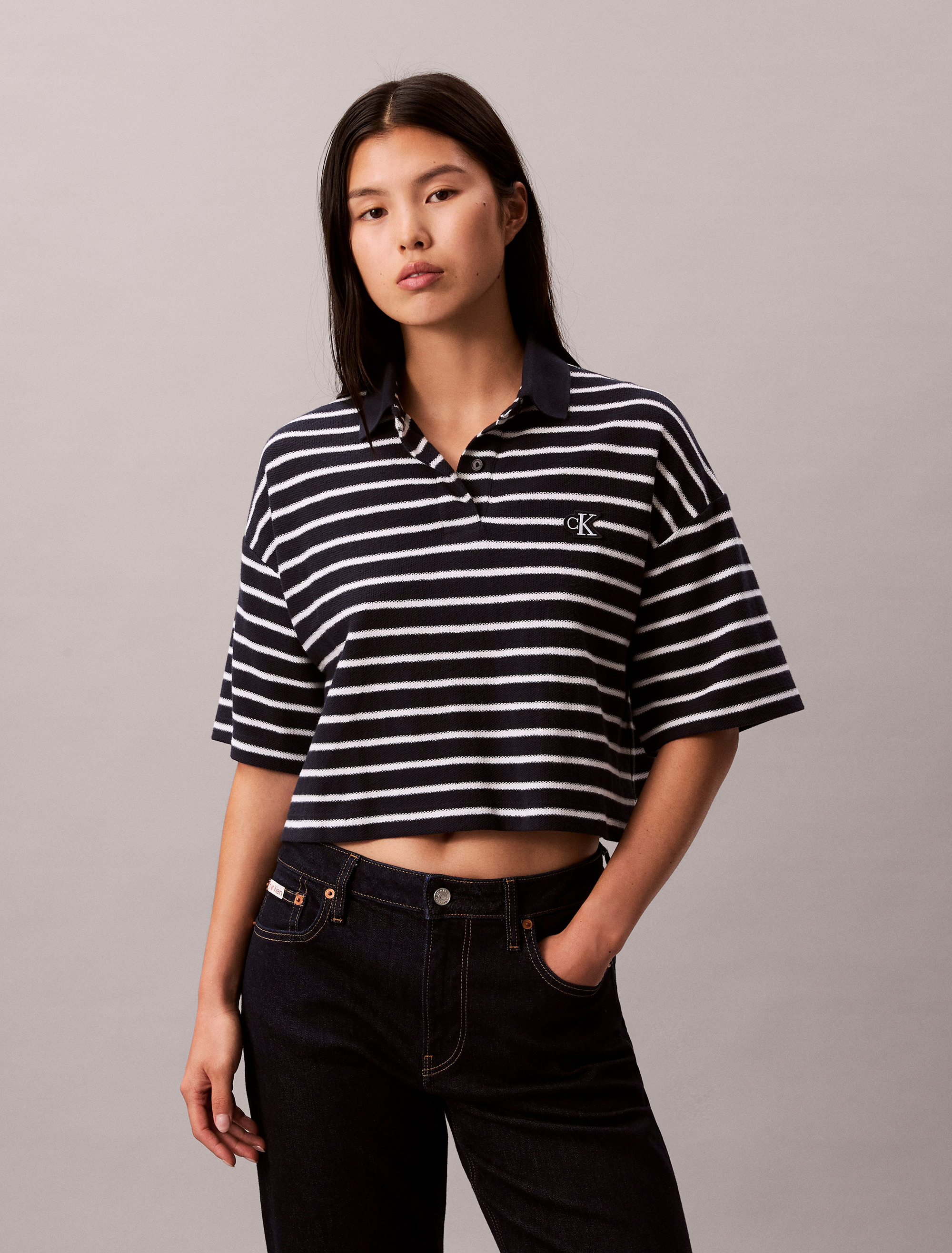 Cropped Pique Striped Polo