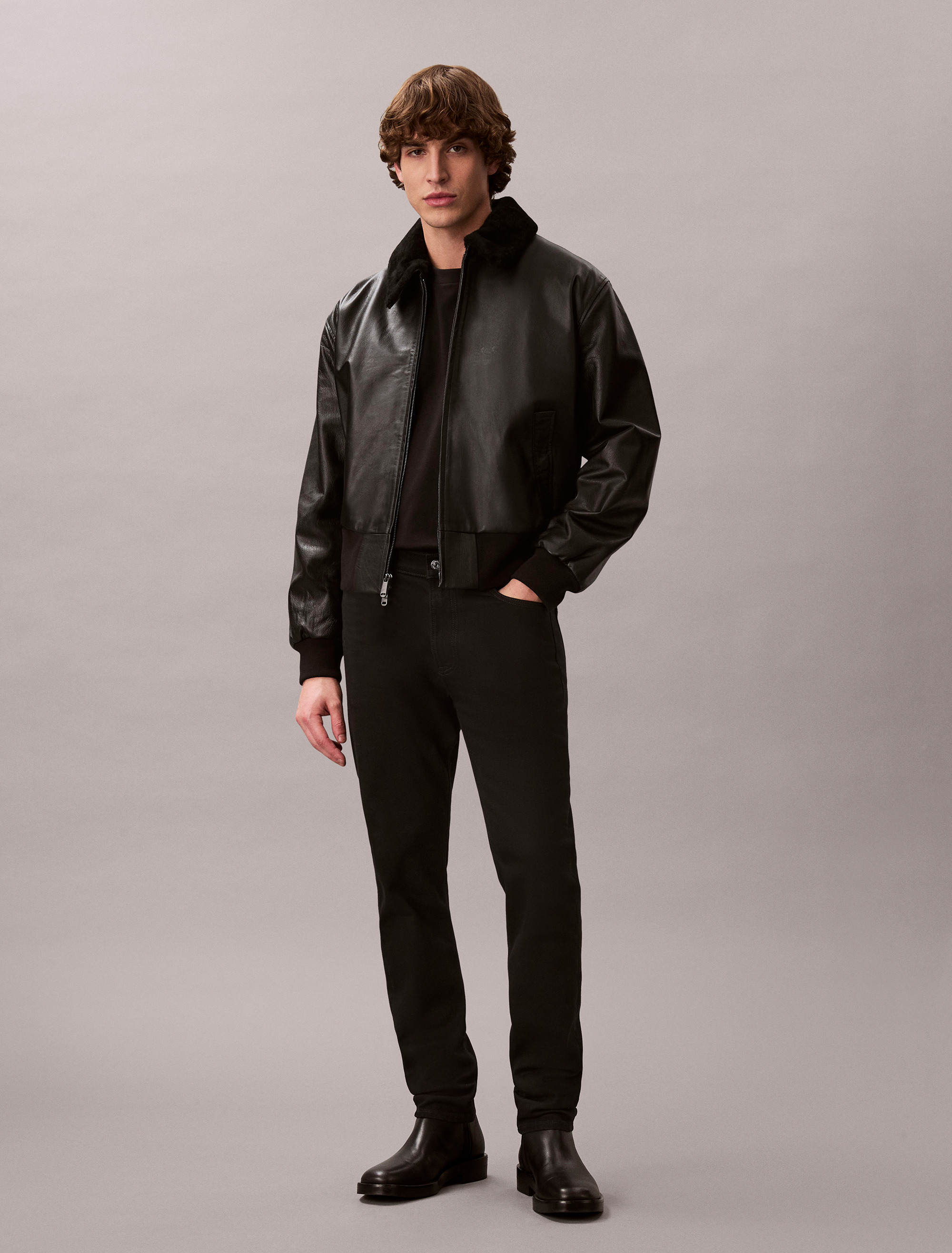 Shearling Collar Leather Bomber Jacket