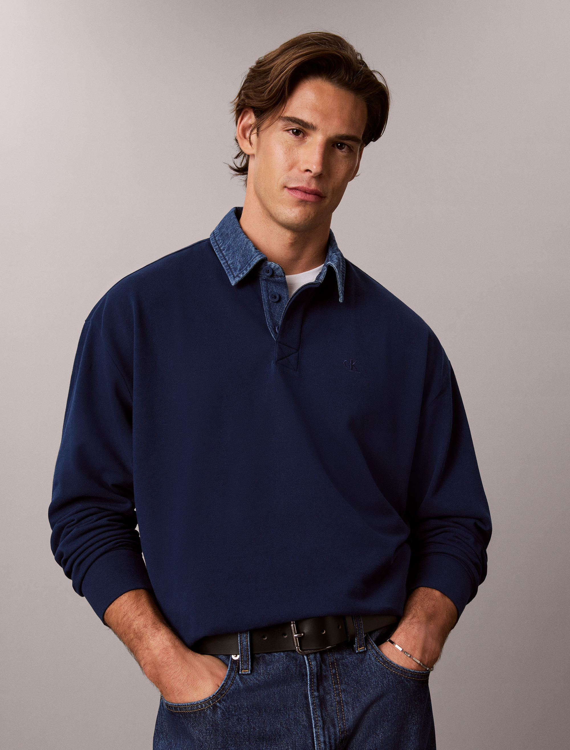 Denim Collar Long Sleeve Polo
