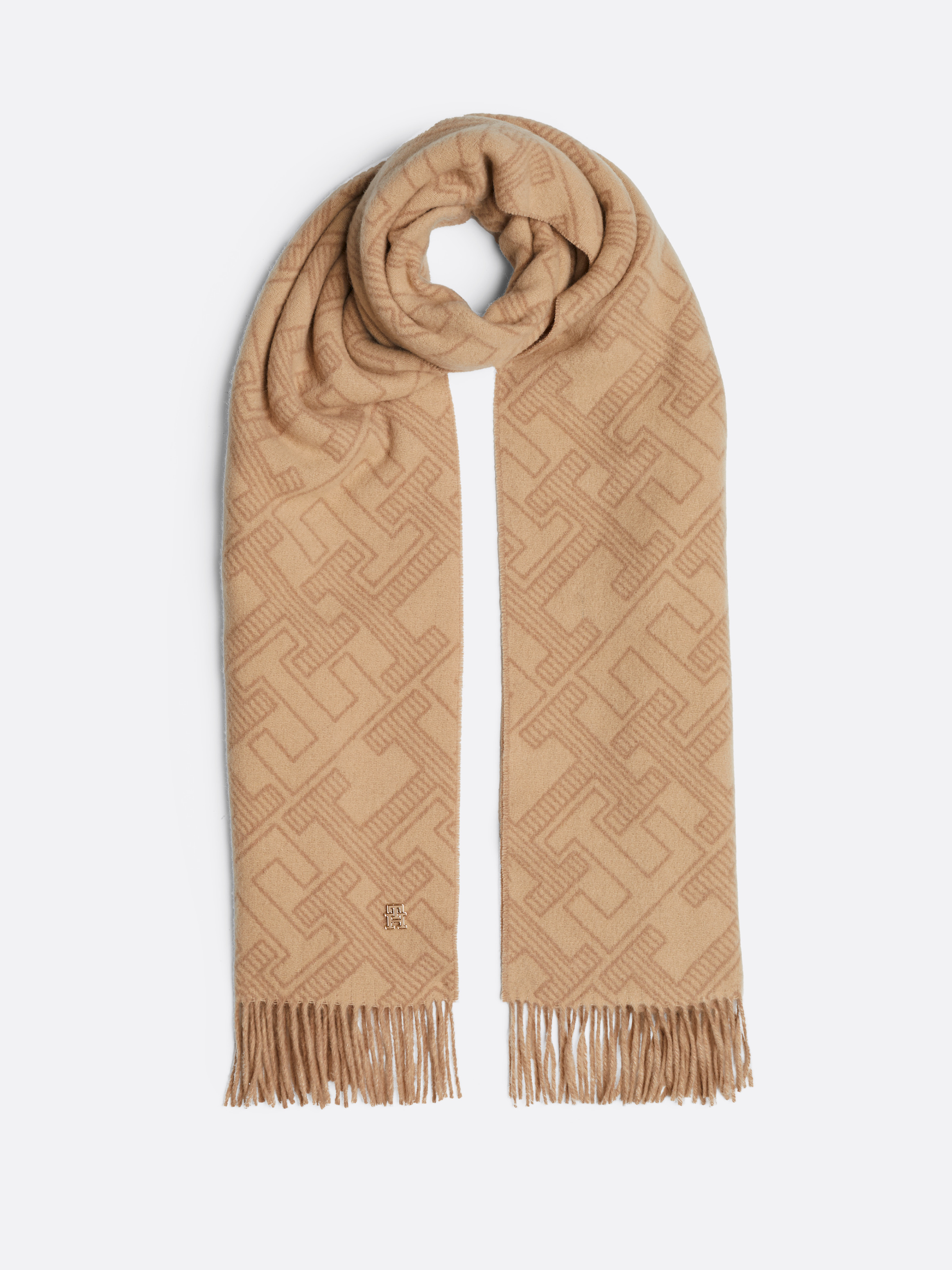 ★PRADA★ Lettering Logo Monogram Wool Scarf Ivory Camel 1FS Prada Women's' Logo Jacquard Wool Scarf in Beige | LN-CC®