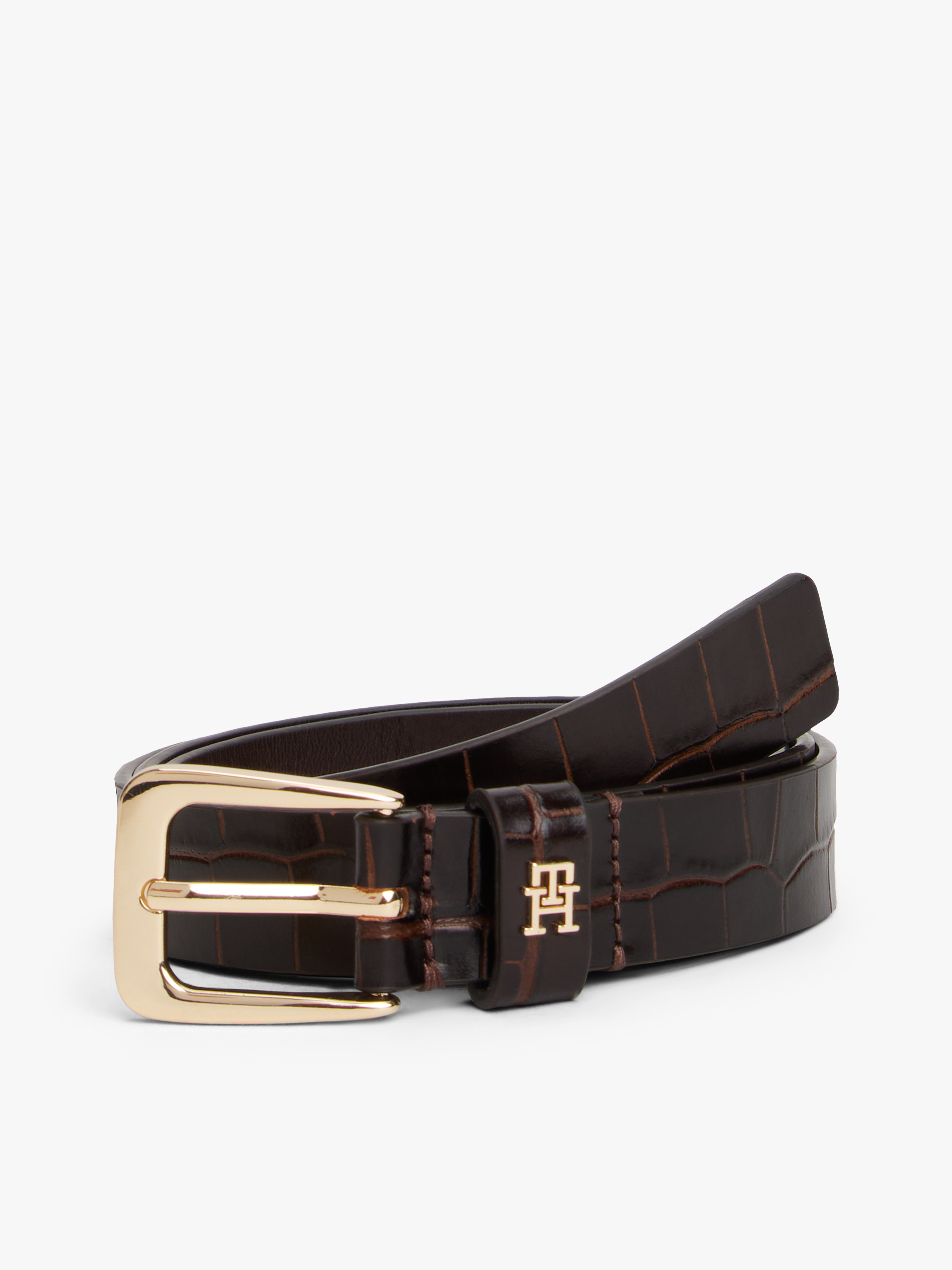 Square Buckle Croco-Print Leather Belt