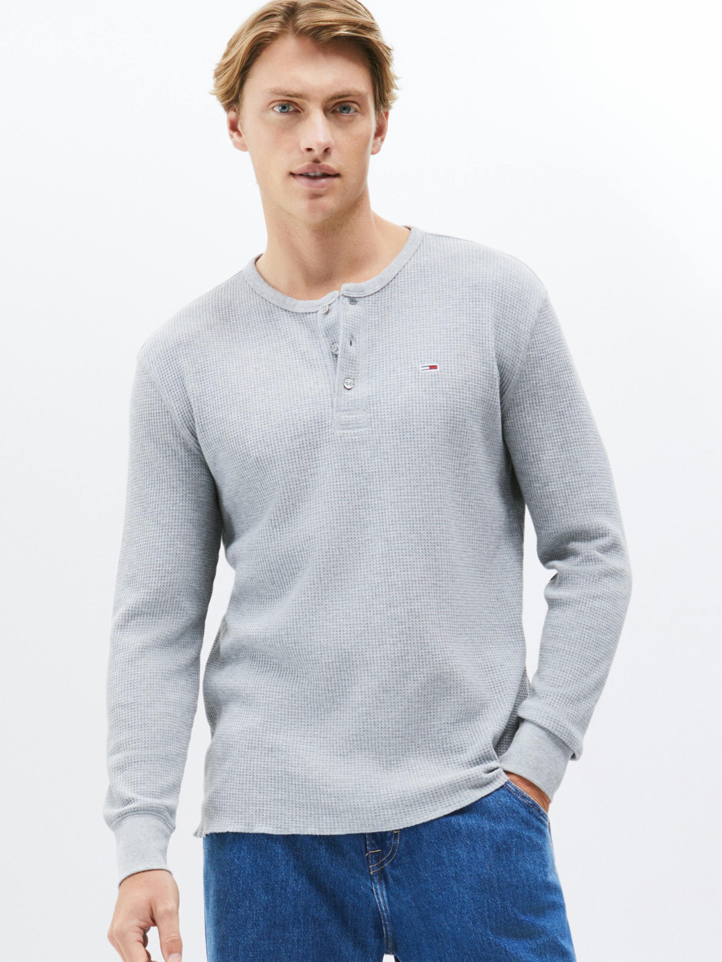 Jeans Grey Long Sleeve Henley Regular Waffle Henley Long-sleeved