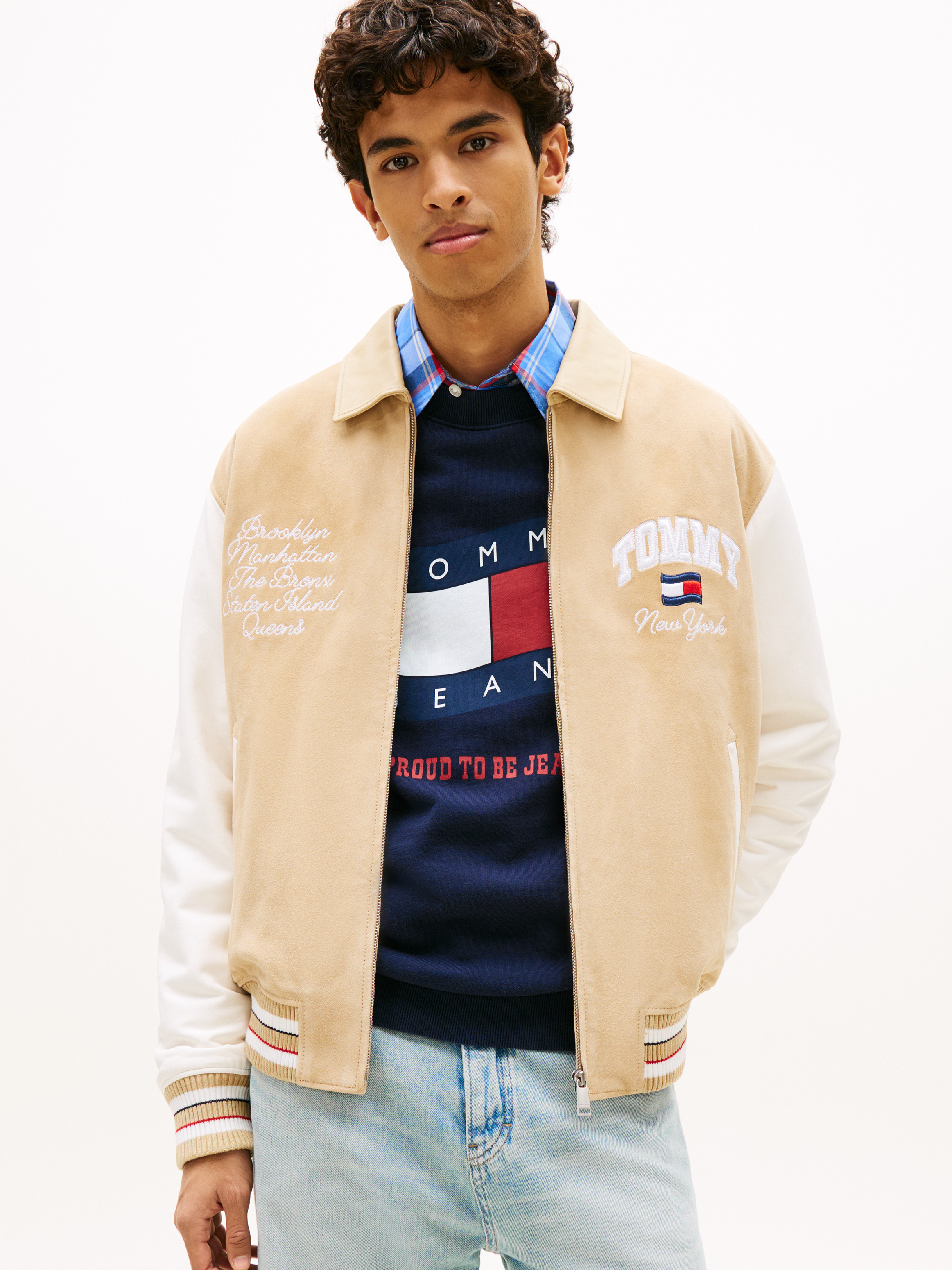 Back Wavy Flag Suede Relaxed Varsity Jacket