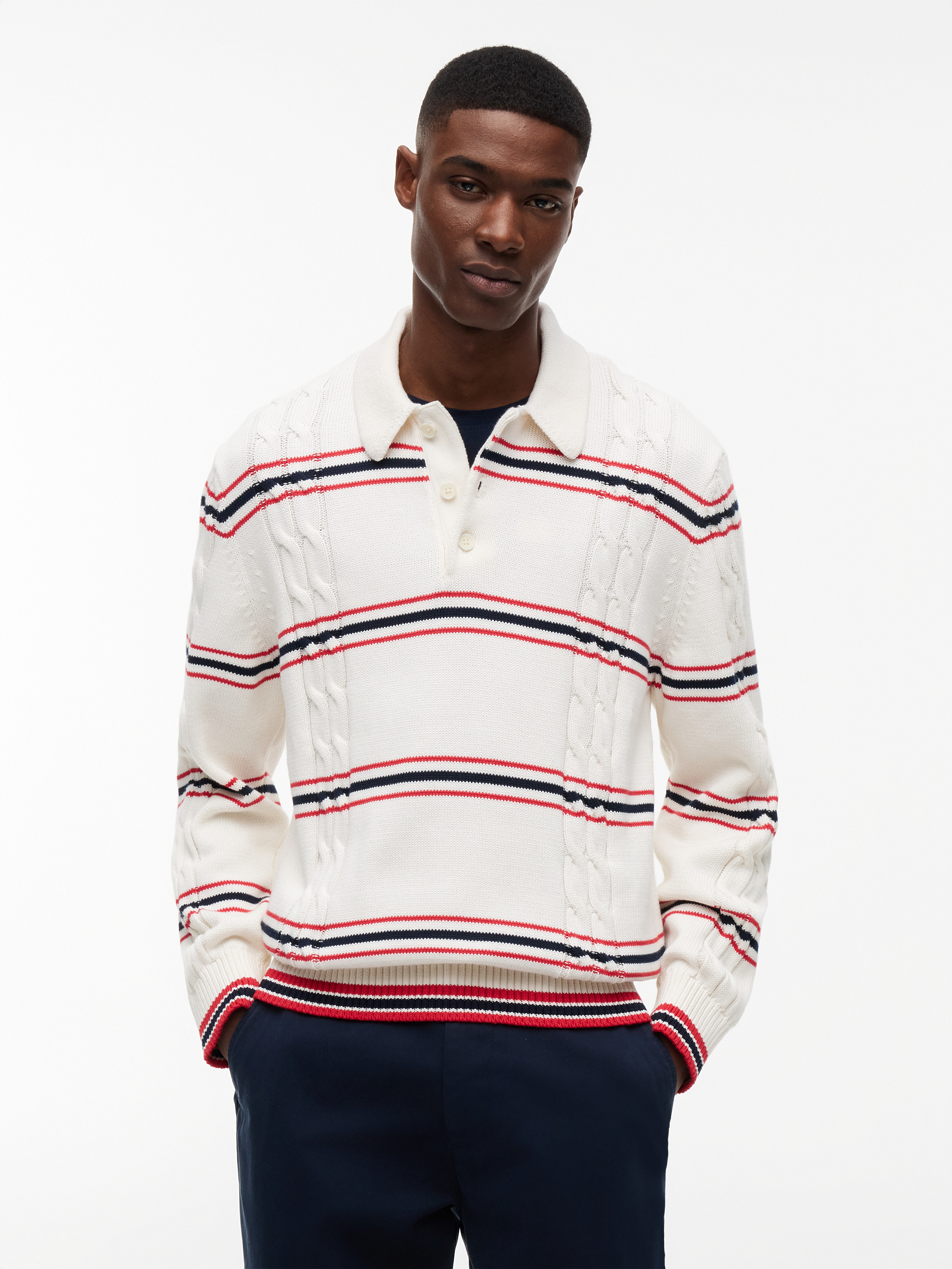 Tommy Badge Cable Knit Stripe Polo Jumper