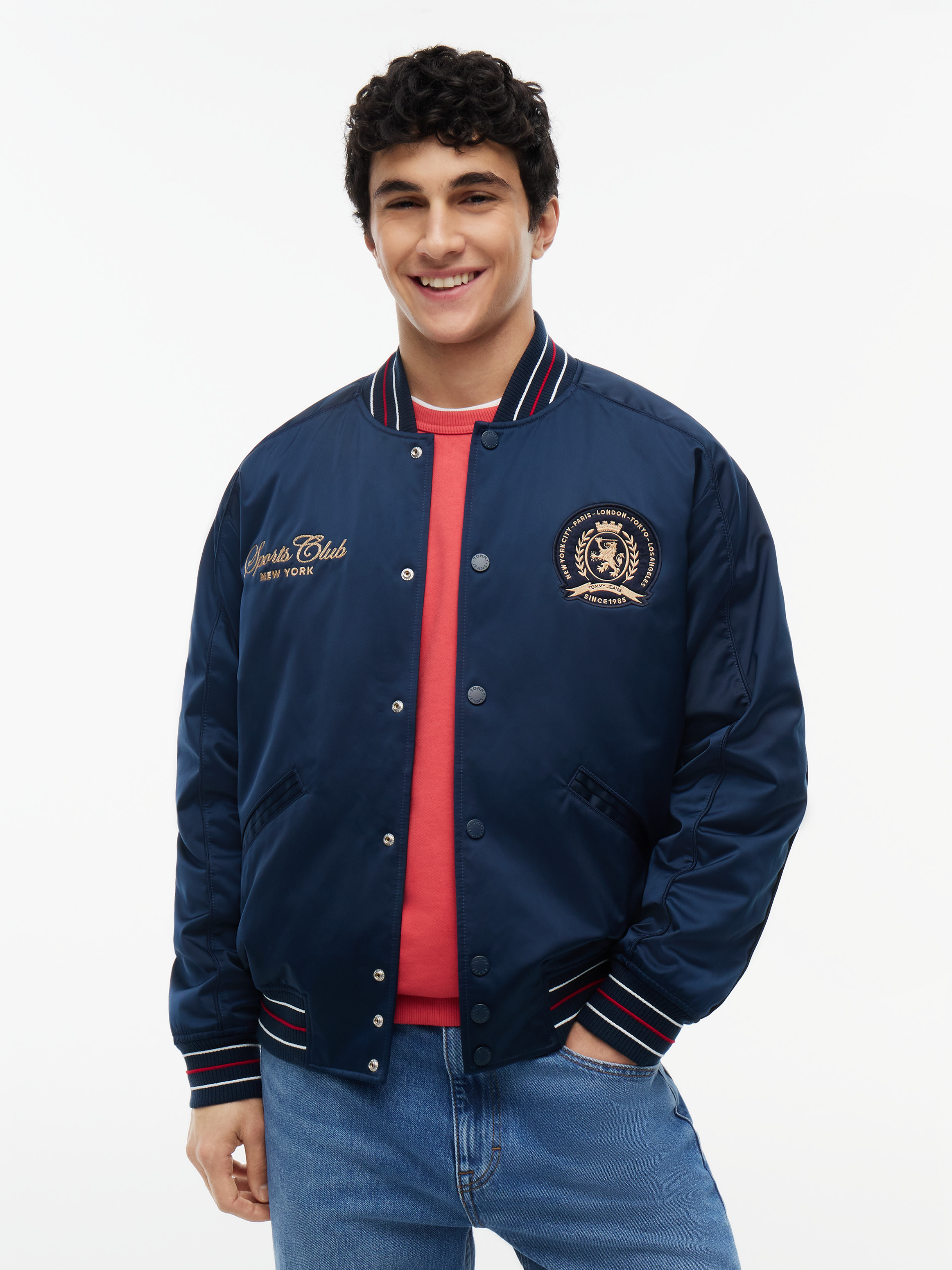 Crest Patch Relaxed Satin Bomber Jacket
