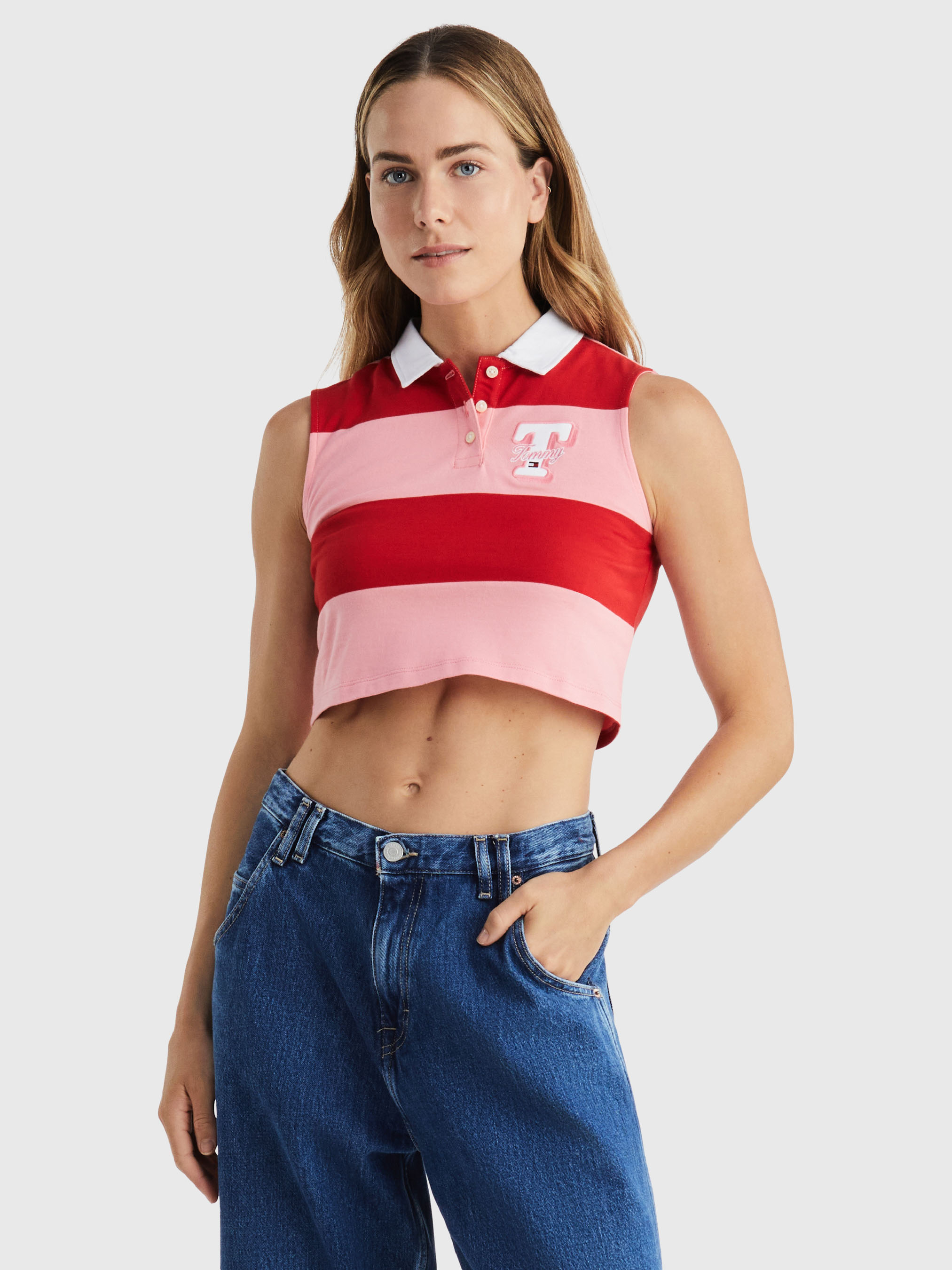 Stripe Sleeveless Cropped Letterman Polo | Polo Shirts