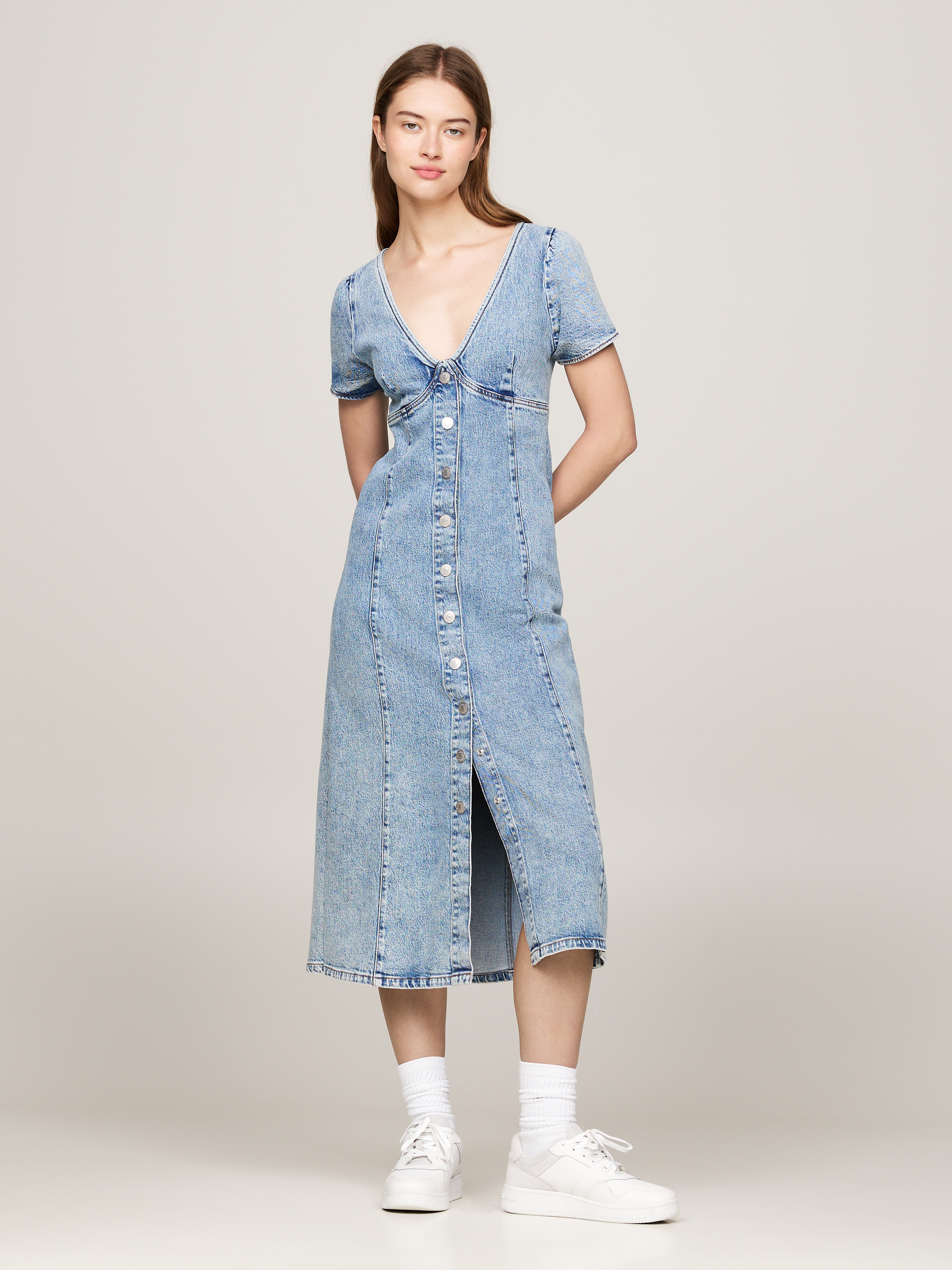 Short sleeve denim midi dress store