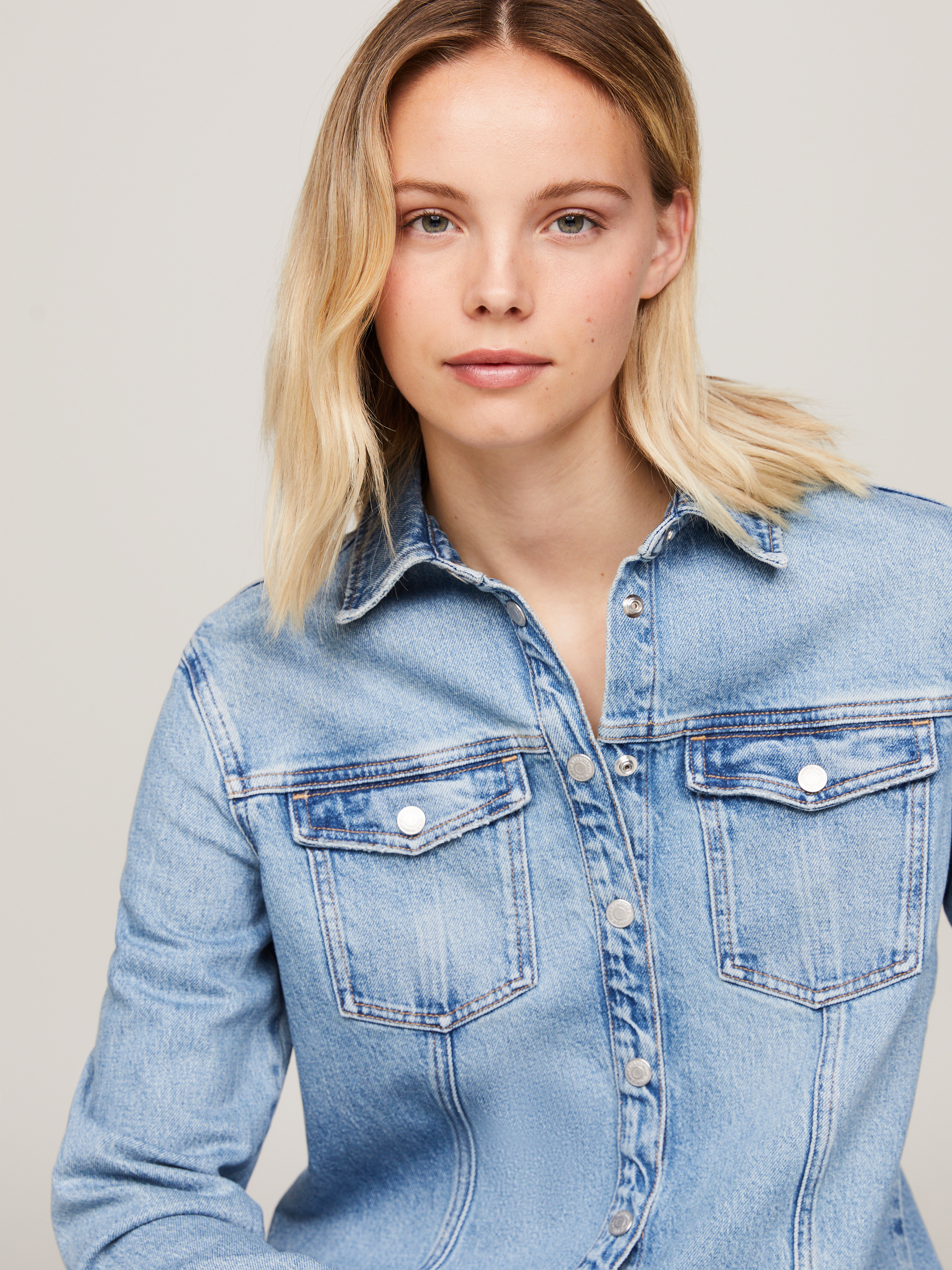 ジャケット・アウター I LINE DENIM SHIRT DRESS Button Down Collar V Neck Long Sleeve A-line Jean Denim