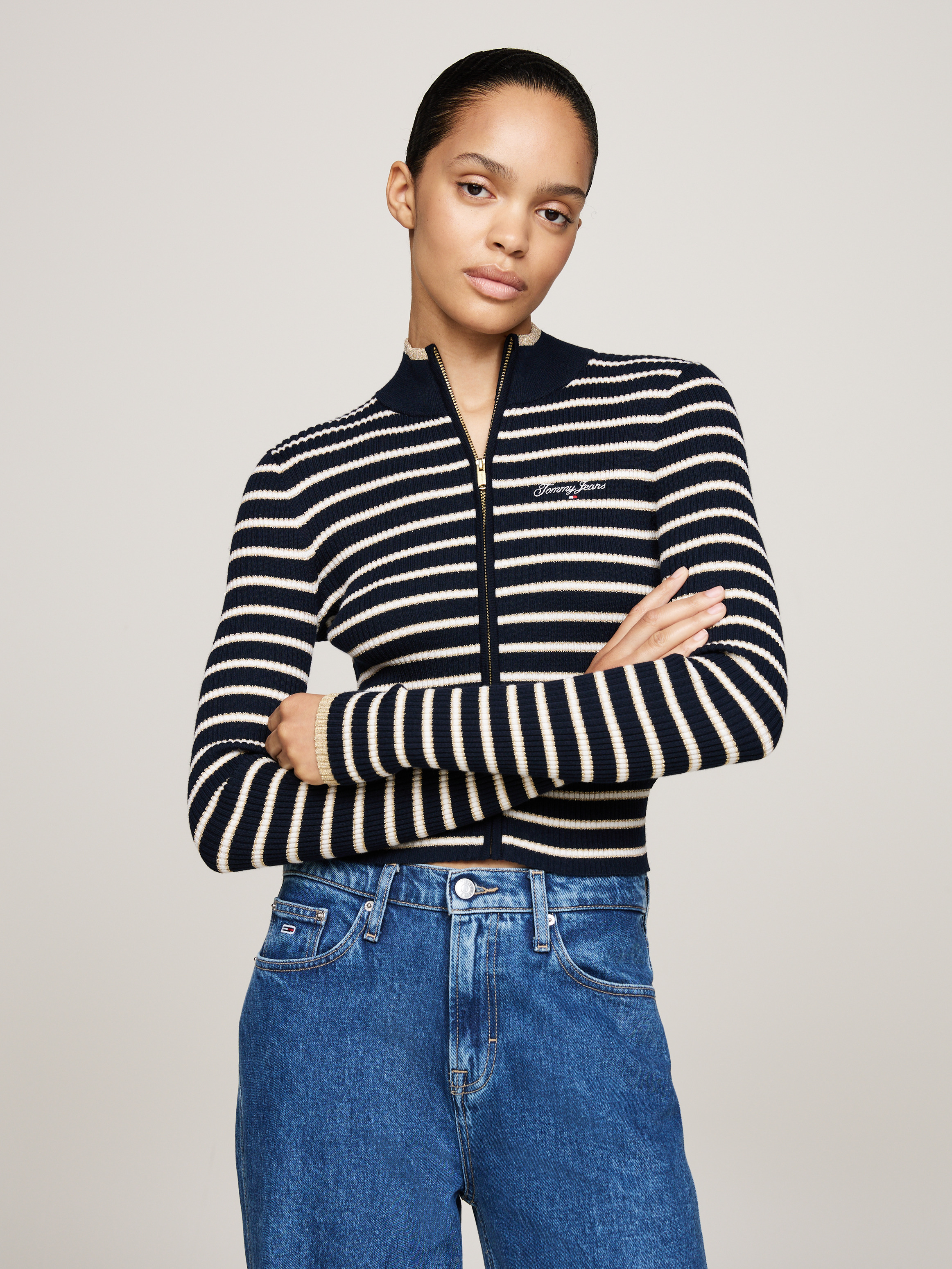売れ筋商品|||トミー ヒルフィガー ニット&セーター レディース アウター CARDI - Cardigan - dark night navy/ivory silk Metallic Stripe Slim Zip-Thru Cardigan | Knitwear | Tommy Jeans
