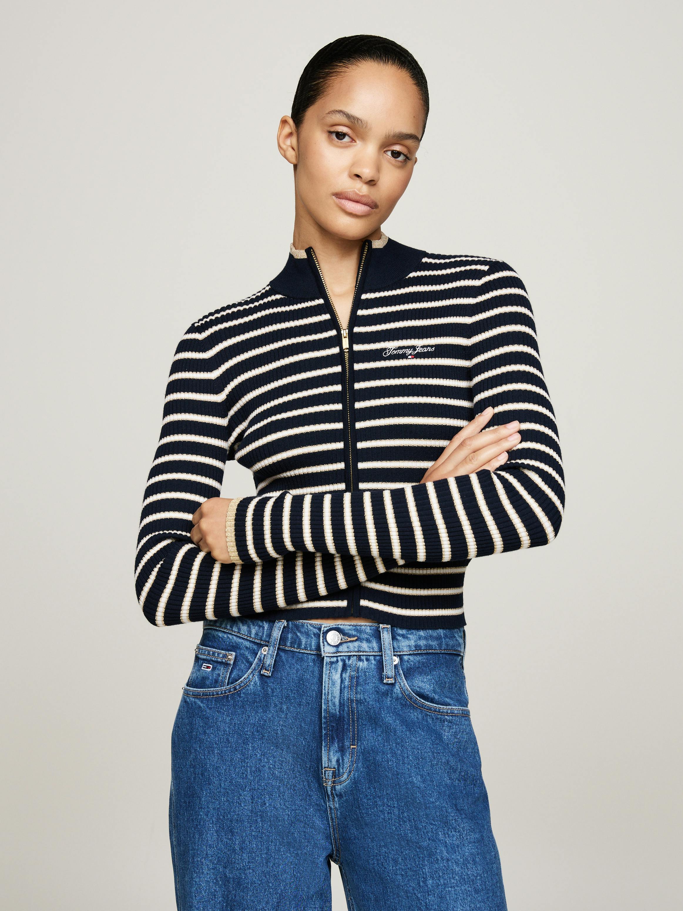 Metallic Stripe Slim Zip-Thru Cardigan