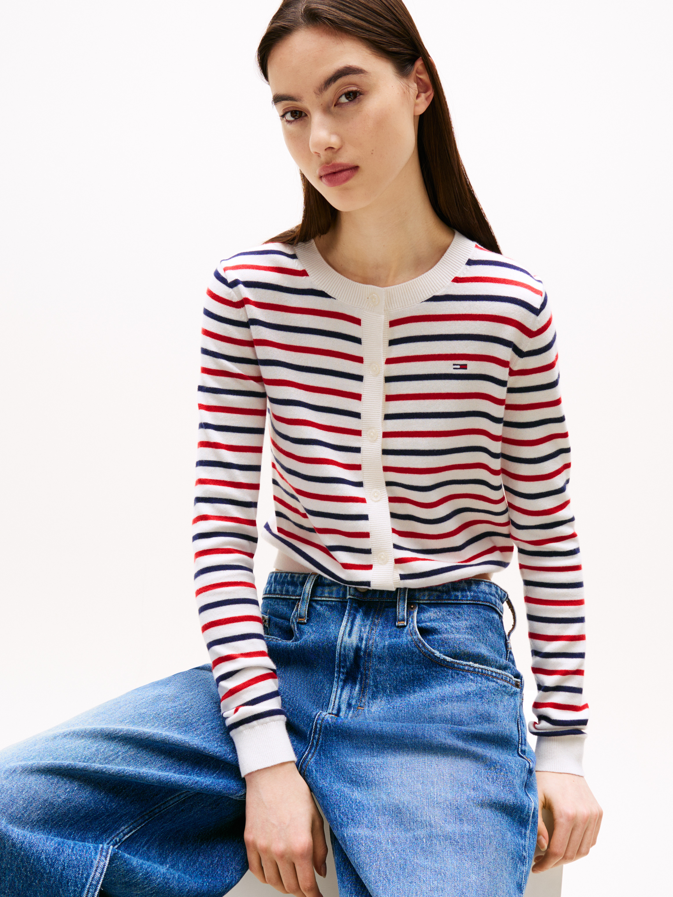 売れ筋商品|||トミーヒルフィガー ニット&セーター レディース アウター ESSENTIAL CREW NECK CARDIGAN - Cardigan - white/red/navy Slim Crew Neck Cardigan | Knitwear | Tommy Jeans