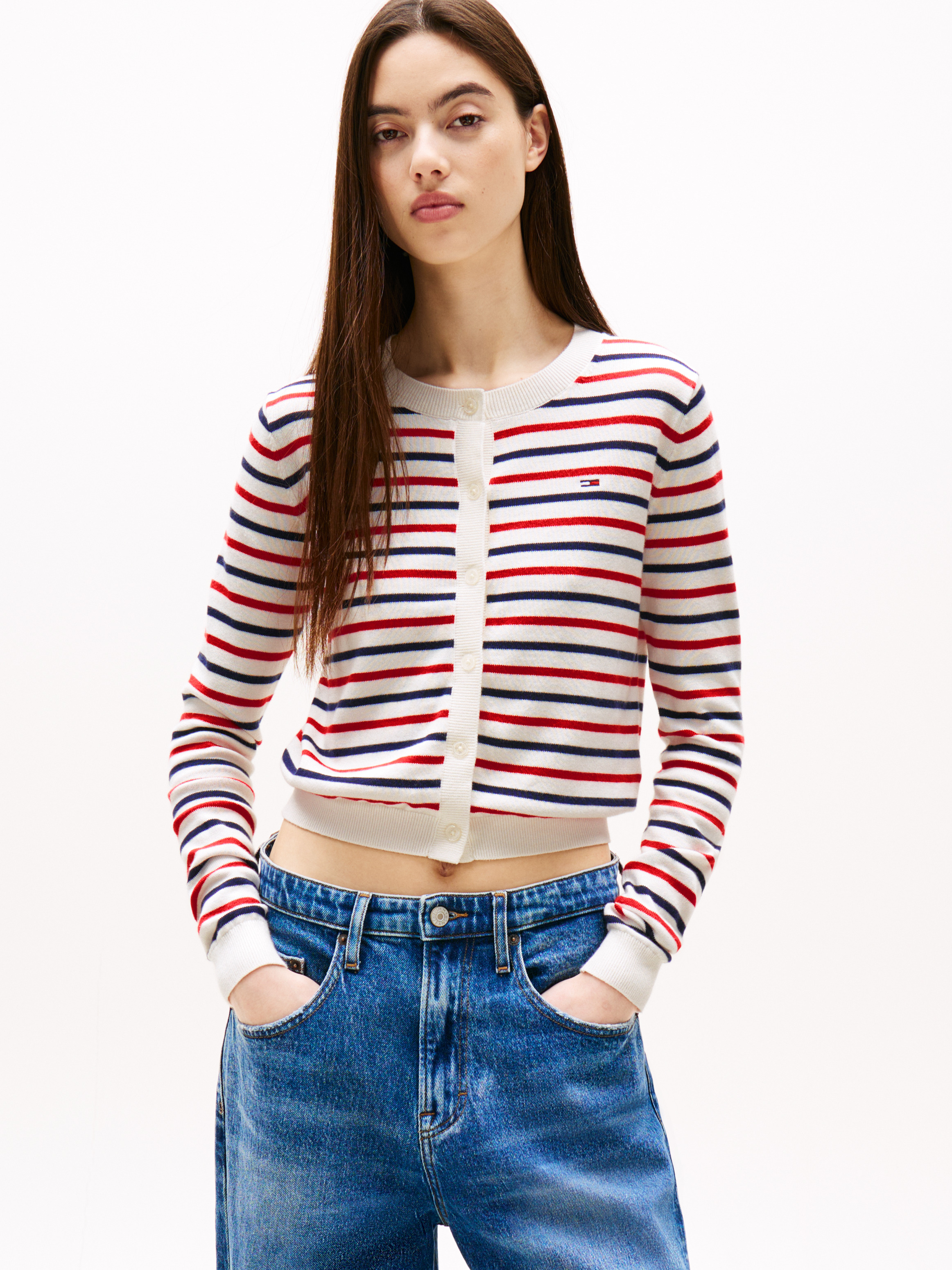 売れ筋商品|||トミーヒルフィガー ニット&セーター レディース アウター ESSENTIAL CREW NECK CARDIGAN - Cardigan - white/red/navy Slim Crew Neck Cardigan | Knitwear | Tommy Jeans