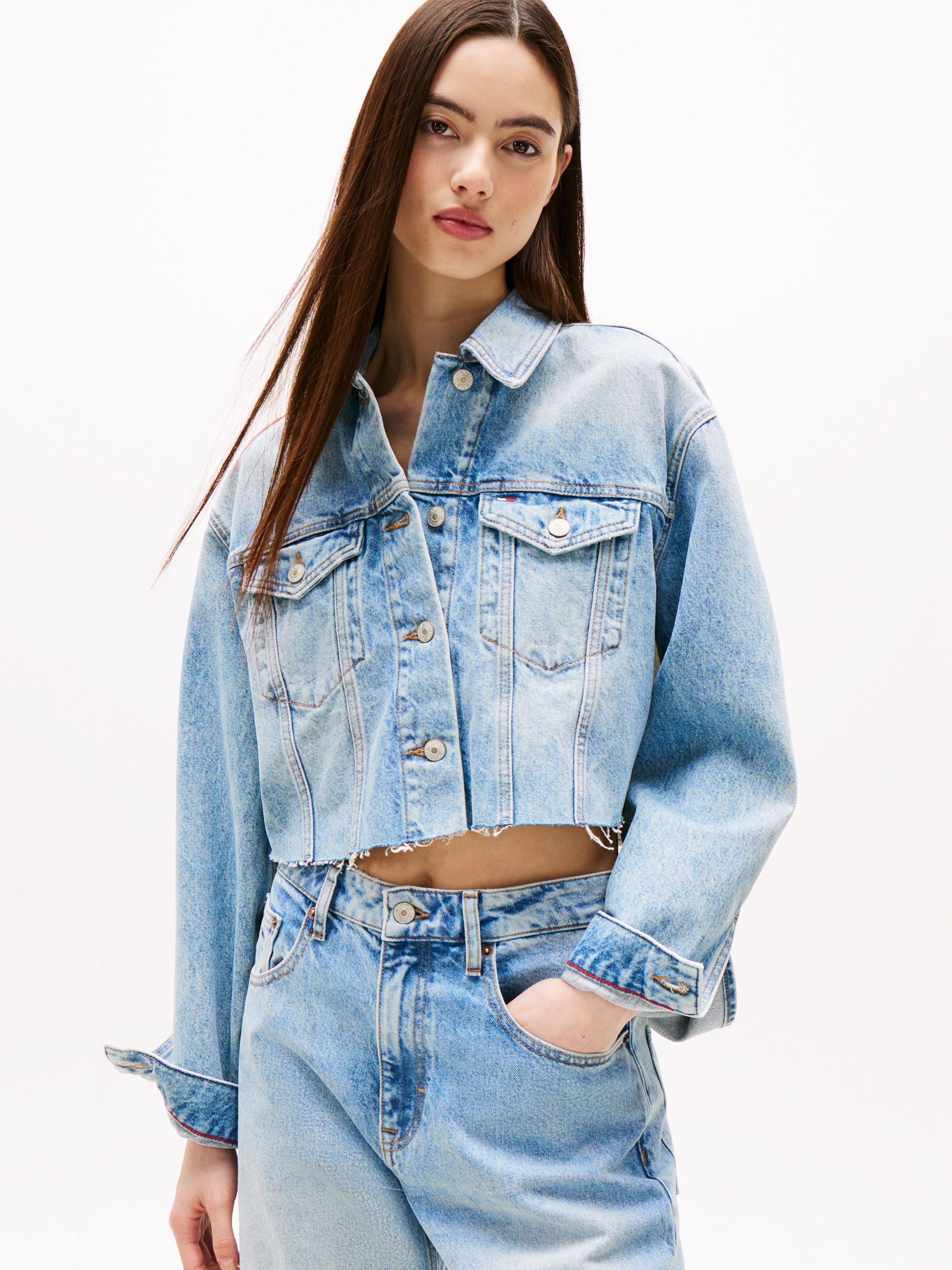 Back Logo Oversized Cropped Denim Jacket