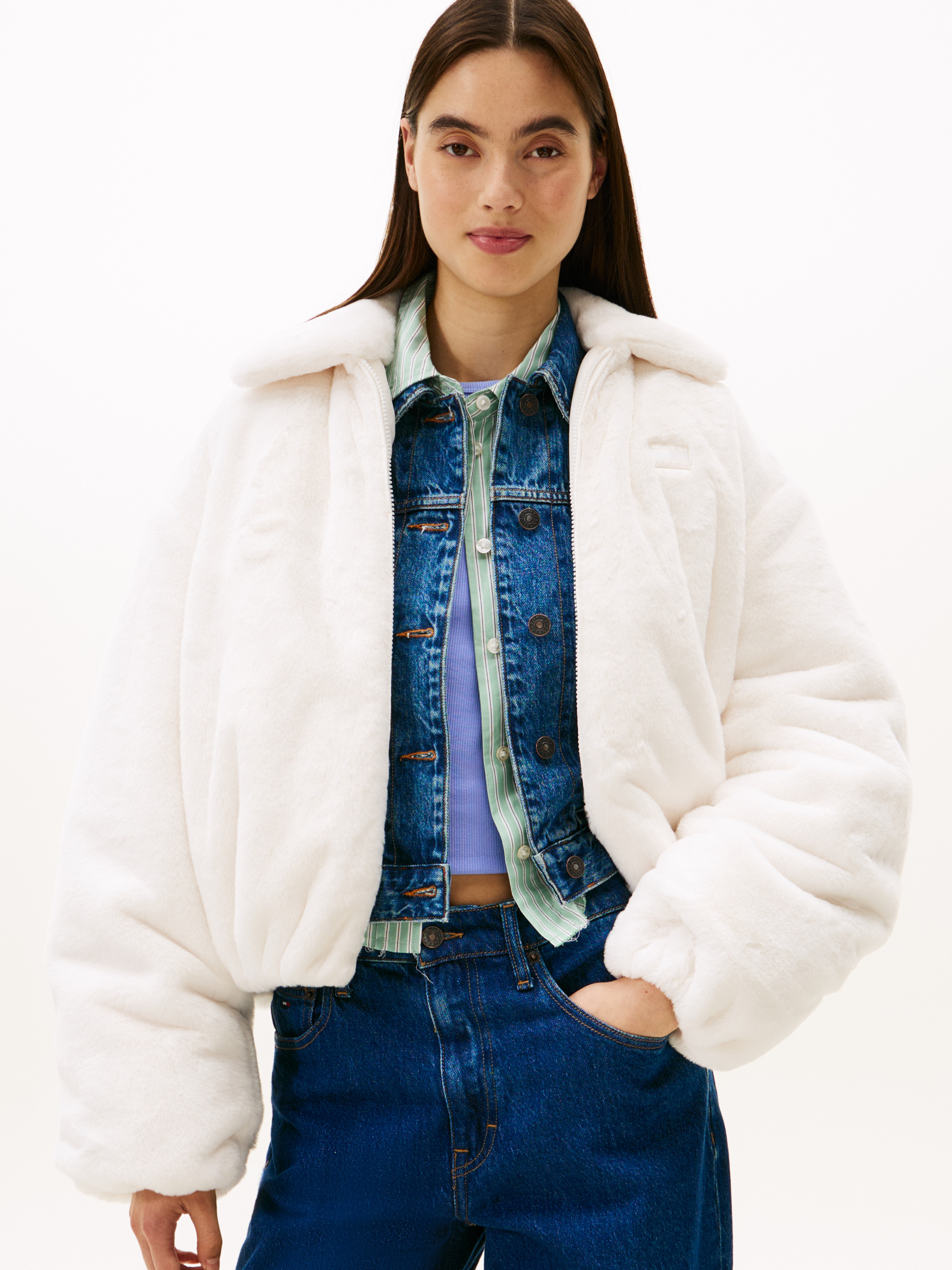 Tommy Badge Faux Fur Bomber Jacket