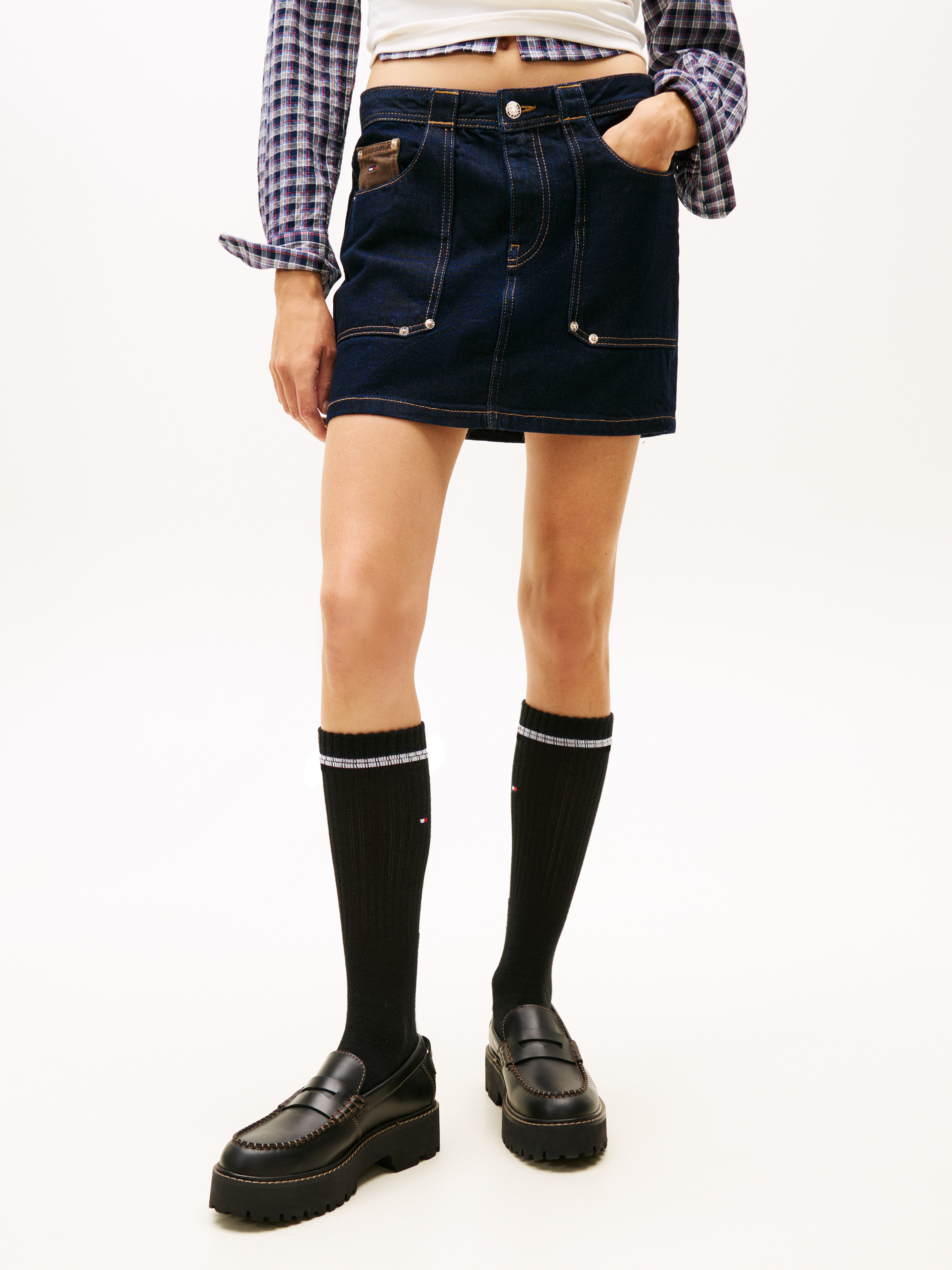 Flag Embroidery Denim Straight Mini Skirt