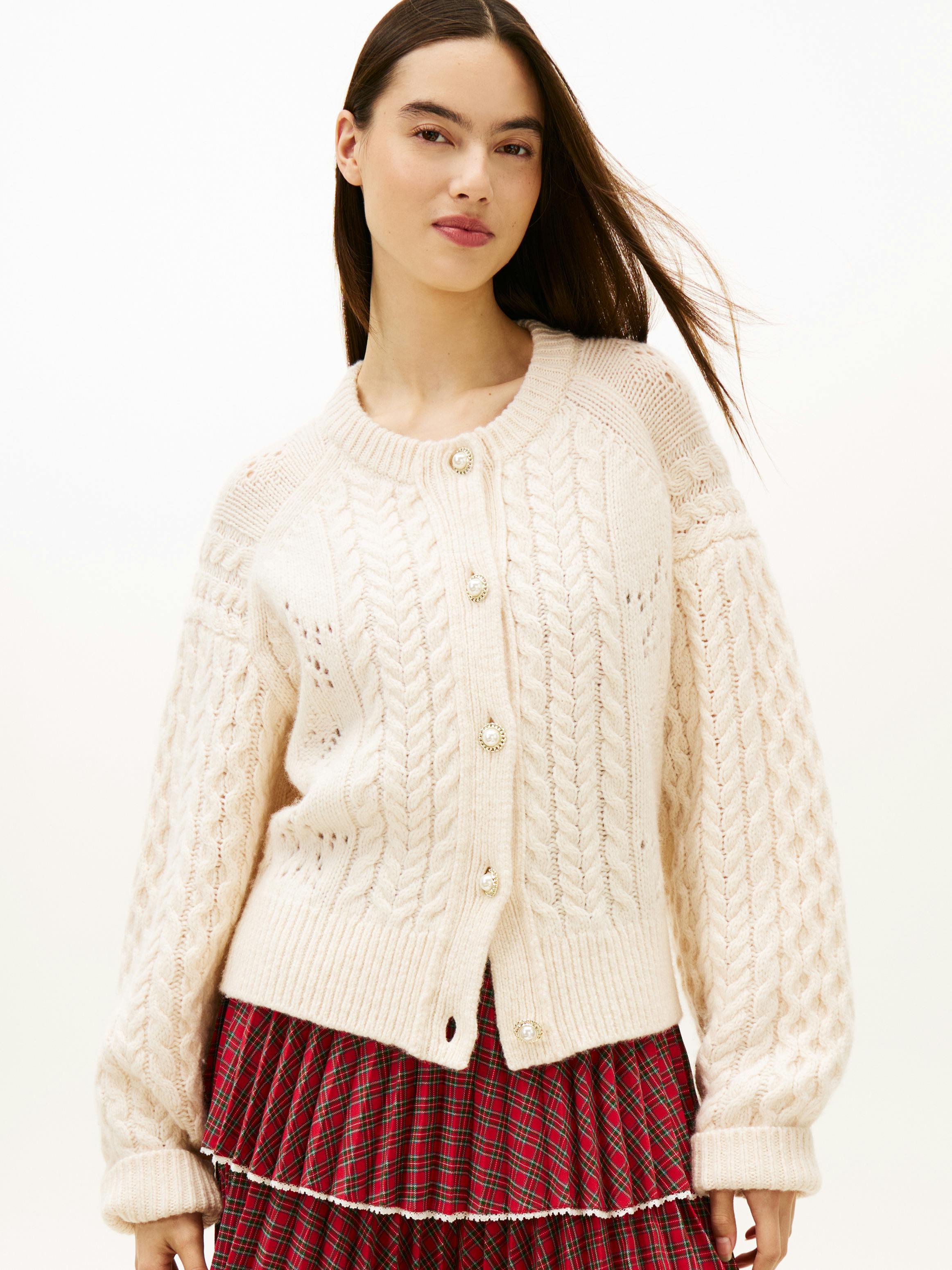 Tommy Girl Wool Blend Cable Knit Relaxed Cardigan Knitwear