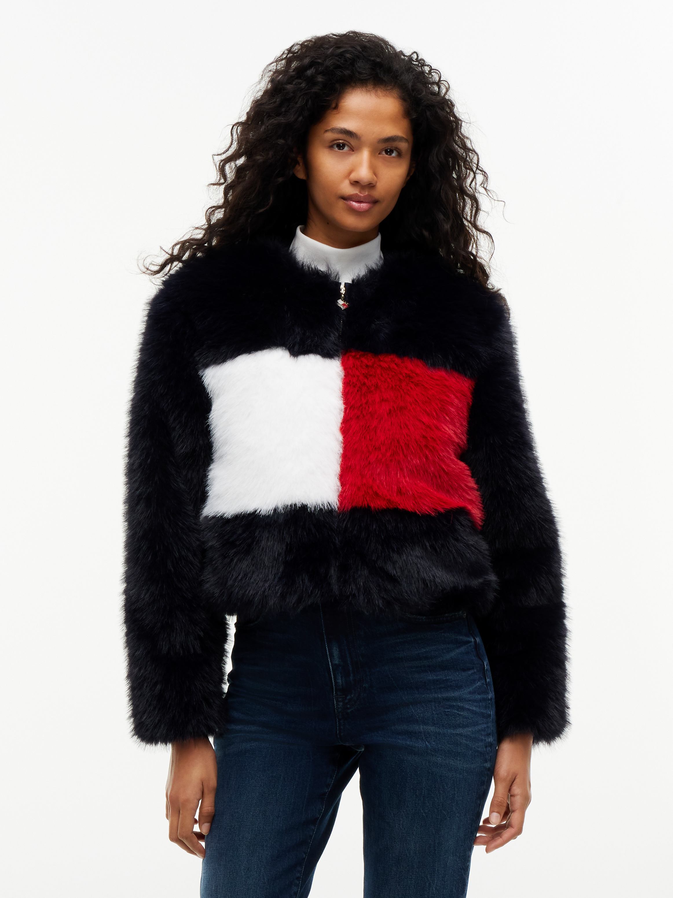 Tommy Flag Colour-Blocked Faux Fur Jacket