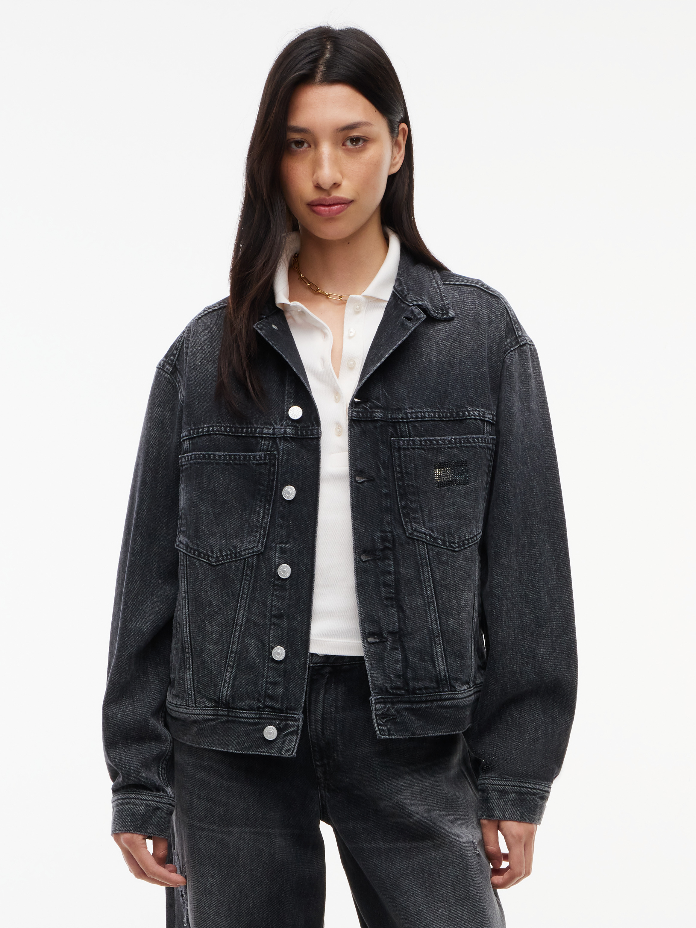 Back Rhinestone Logo Slim Denim Trucker Jacket