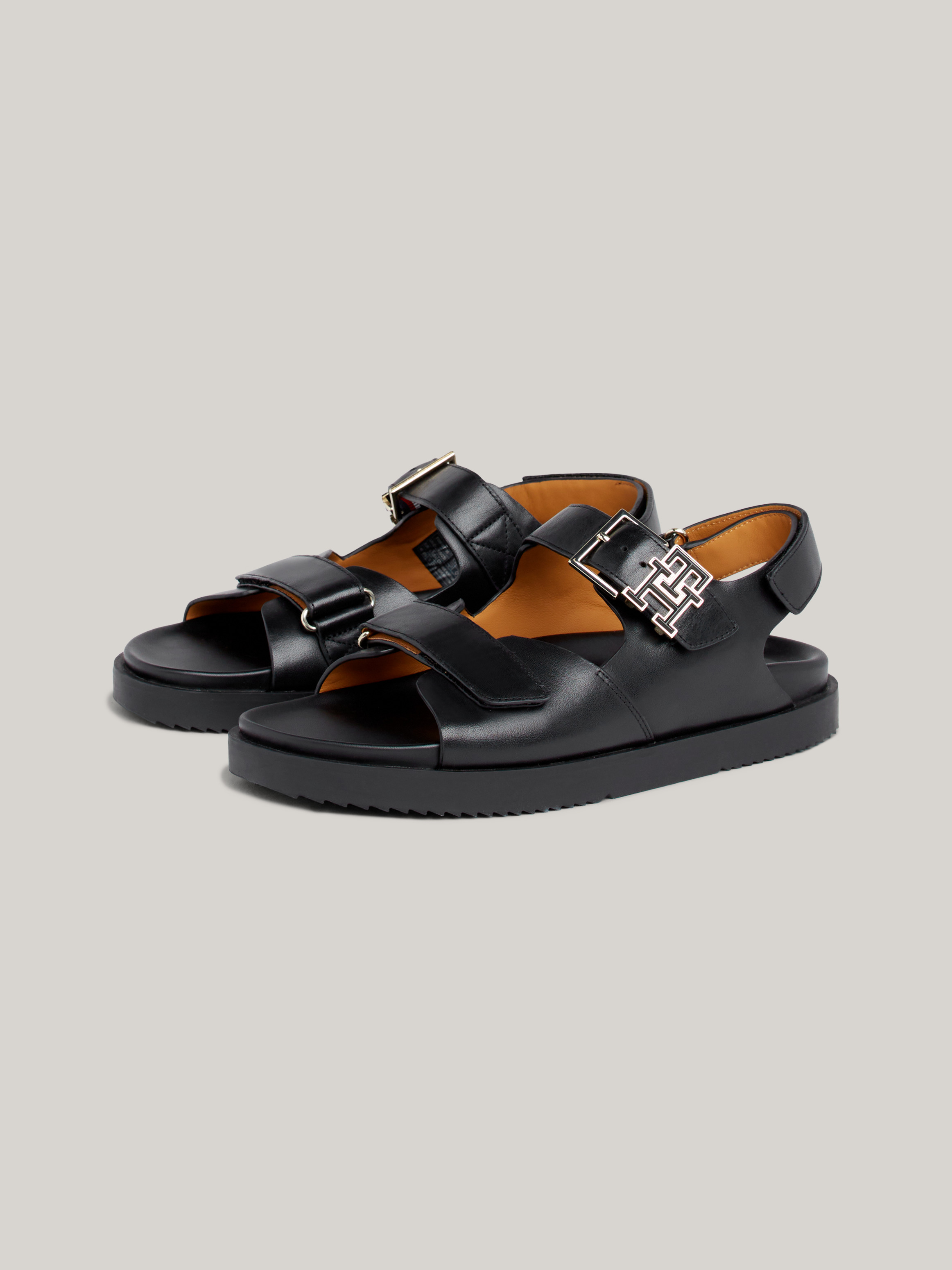 TH Monogram Hook And Loop Leather Sandals Sandals Slides Tommy Hilfiger
