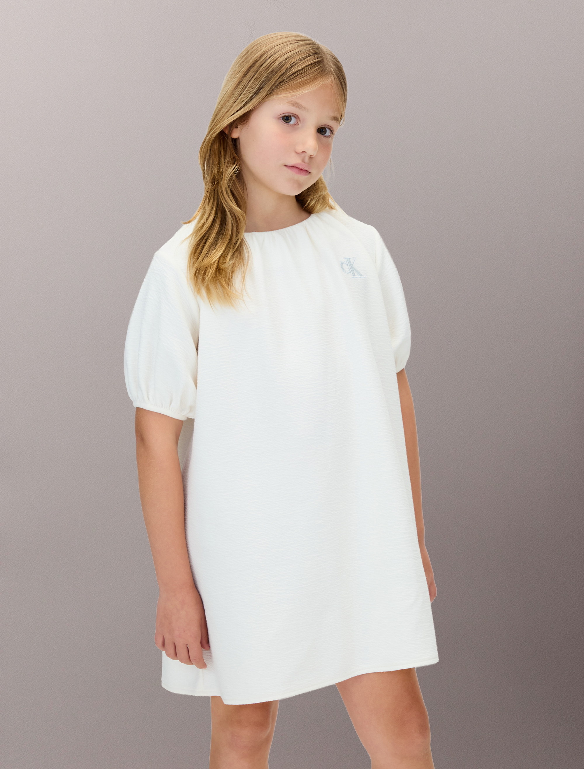 Girls Puff Sleeve Crinkle Dress