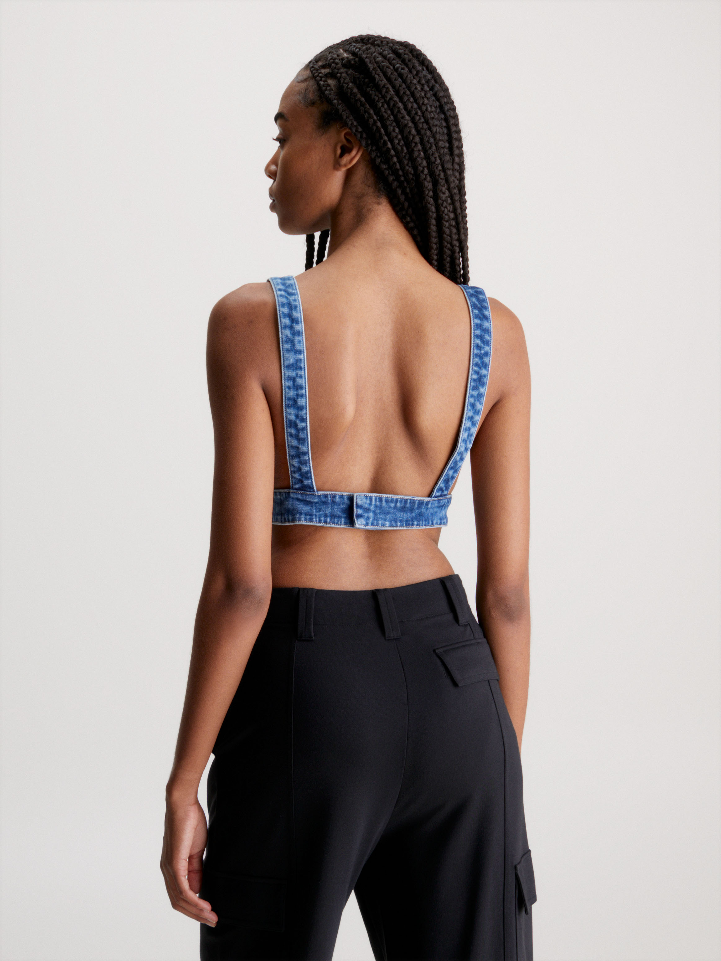 ★★ ★★ Here is the mid blue denim bralette J22 Denim Bralette Top | Calvin Klein