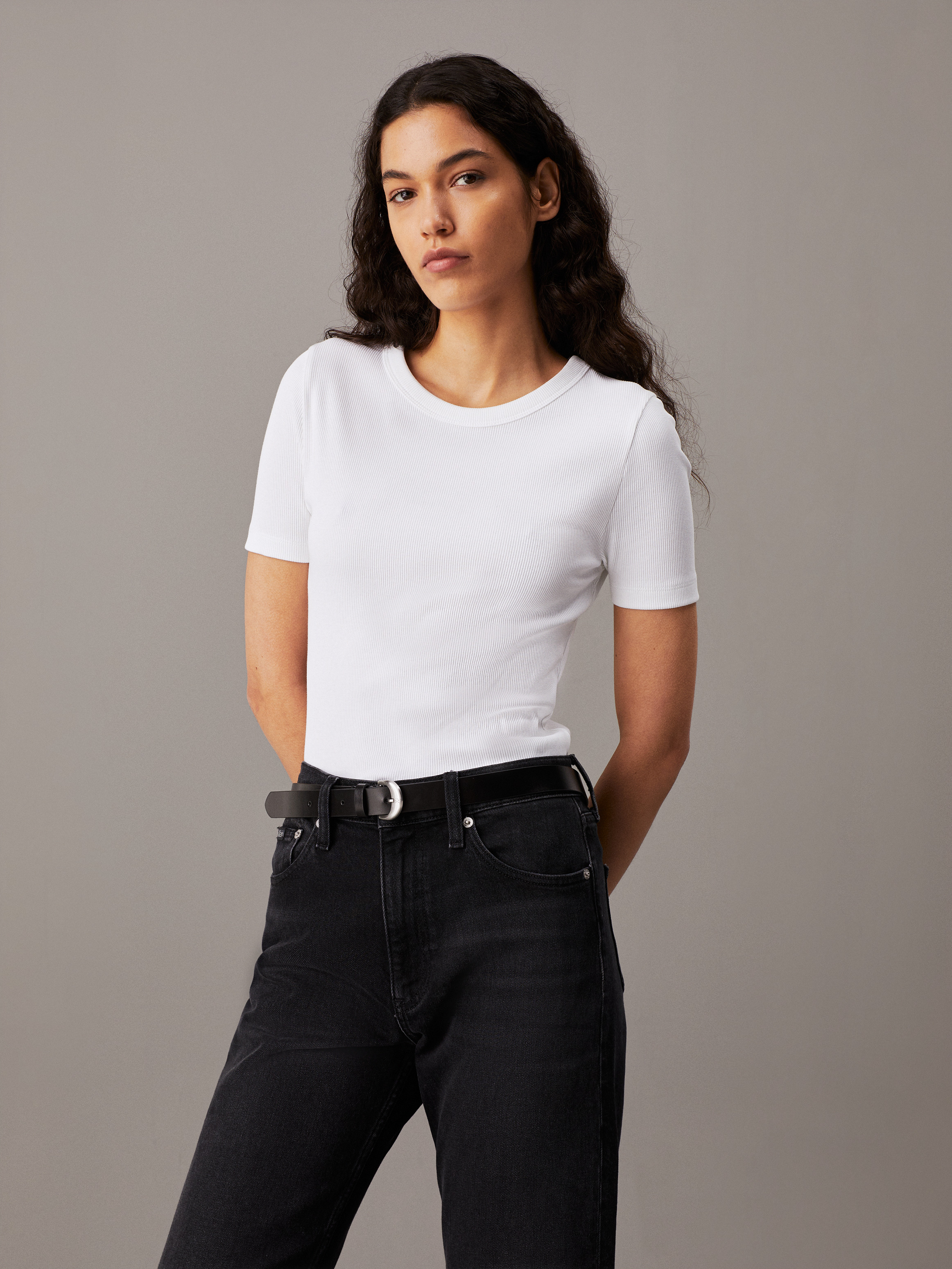 ★ ★ [CK ACC] Women's White CKJ Crescent Text Bu Relaxed Cotton Poplin Shirt | Calvin Klein