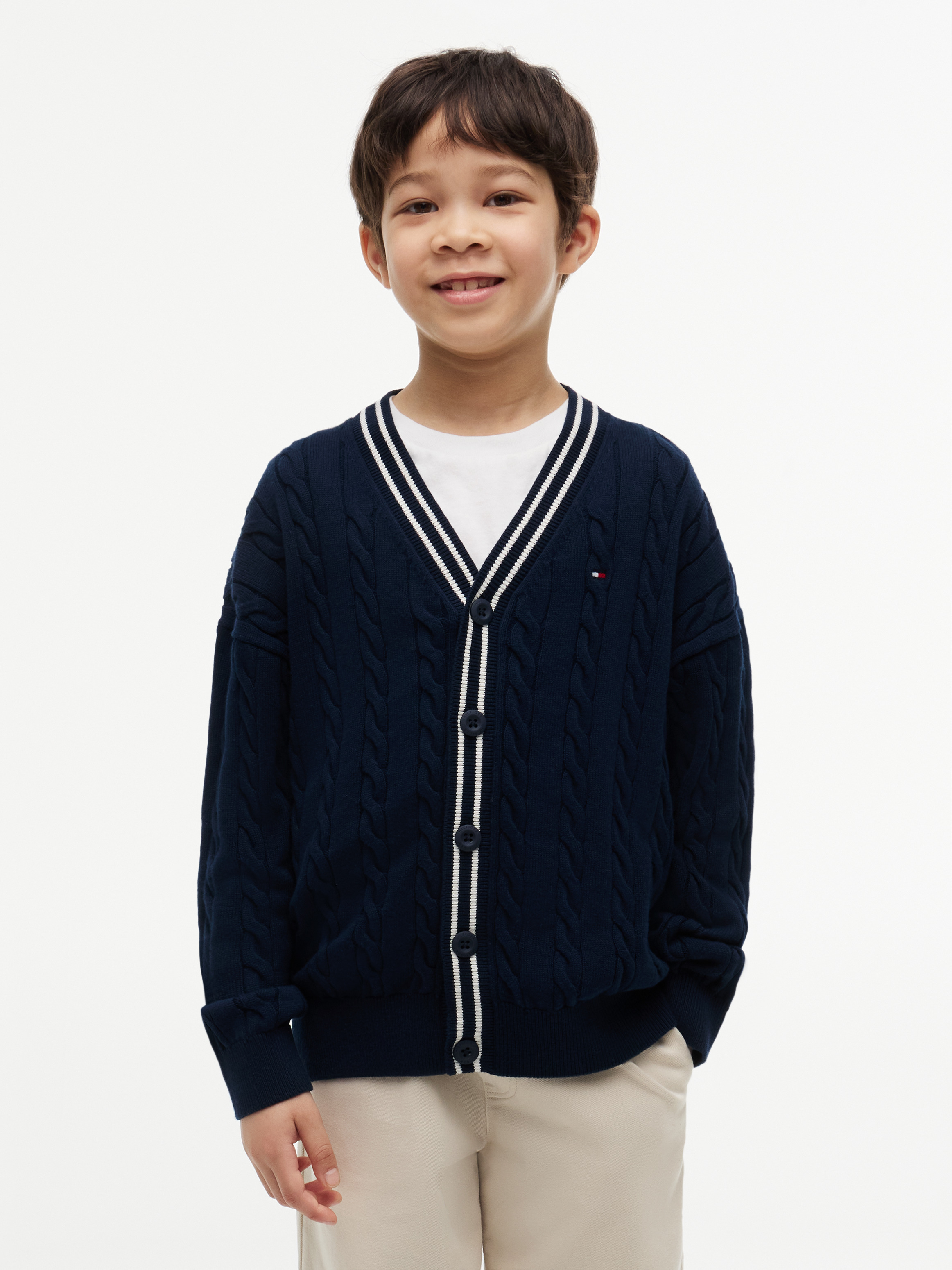 Boys 8-16 Tipped Cable Knit Polo Cardigan
