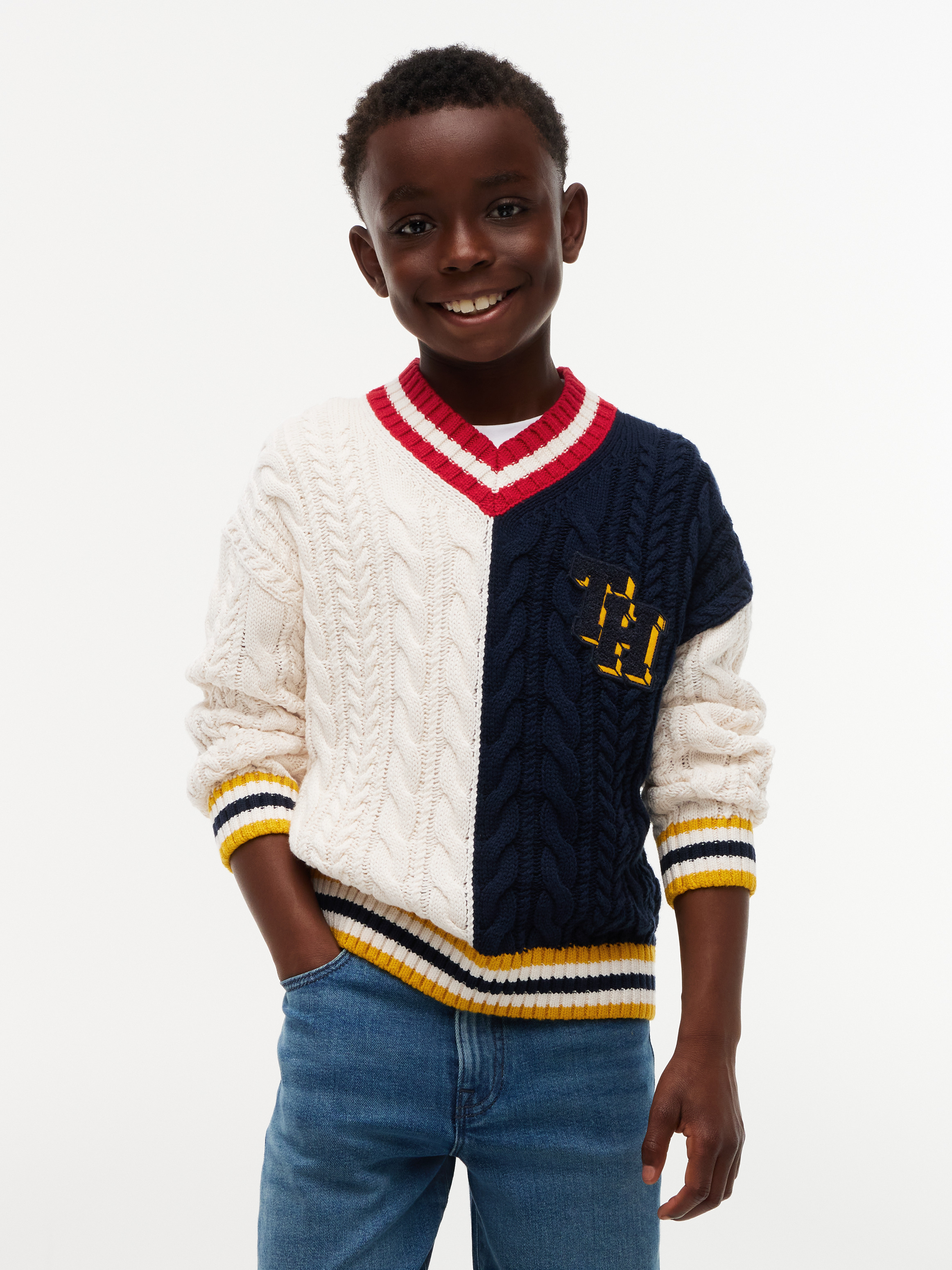 Boys 8-16 Felt Applique Cable Knit V-Neck Jumper