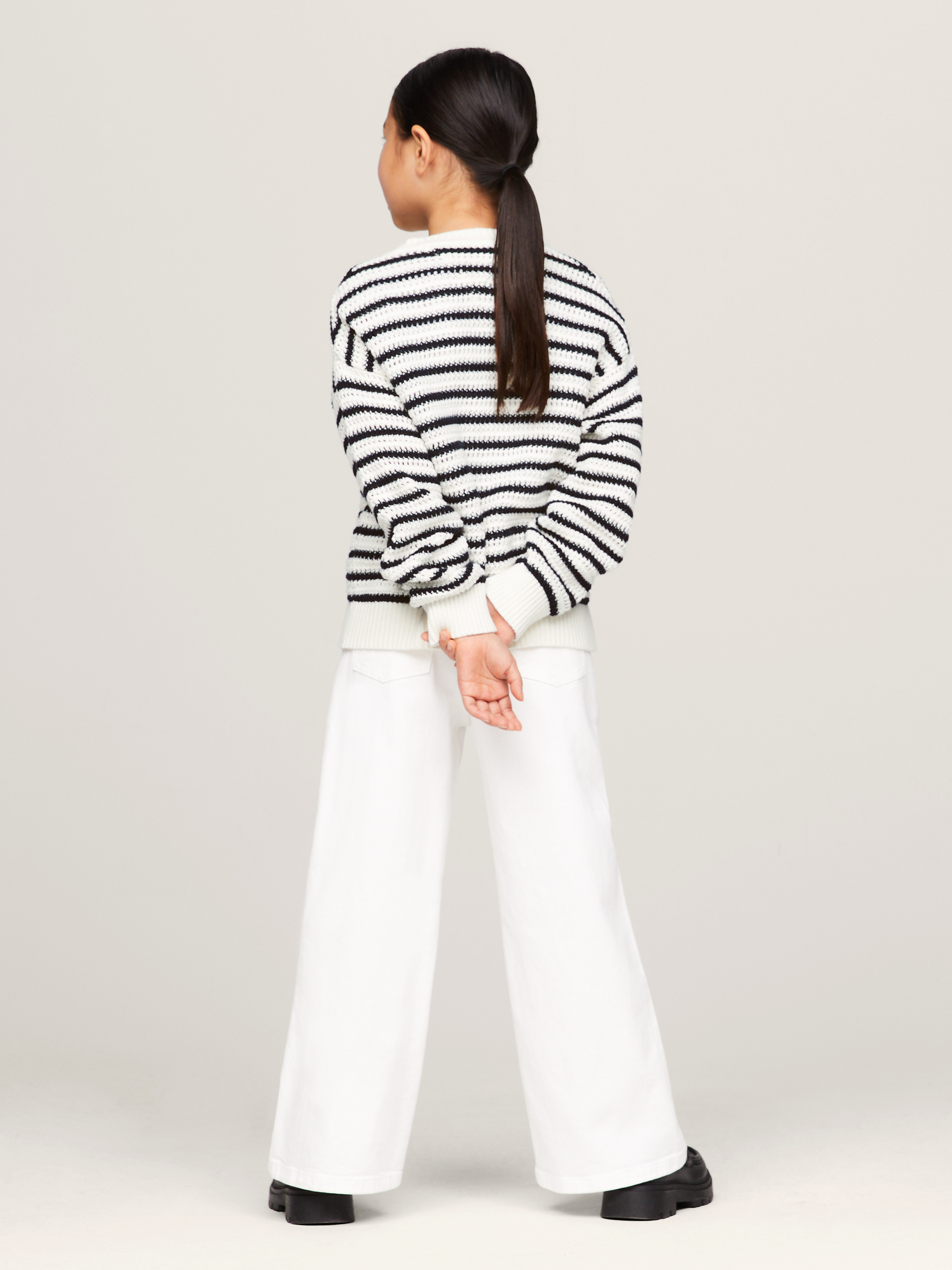 Girls 3-7 Crochet Stripe Boxy Fit V-Neck Cardigan | Knitwear