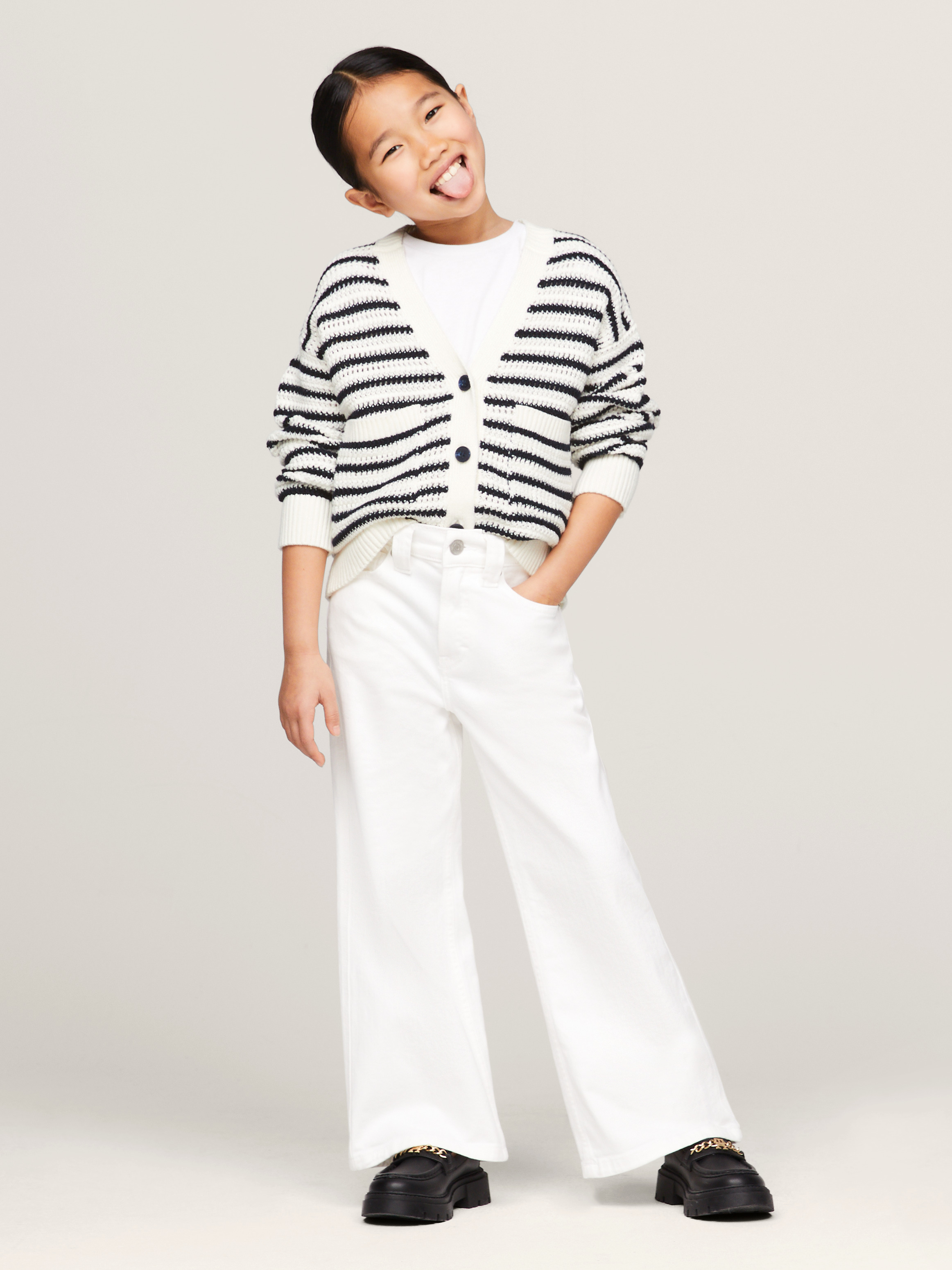 Girls 3-7 Crochet Stripe Boxy Fit V-Neck Cardigan | Knitwear