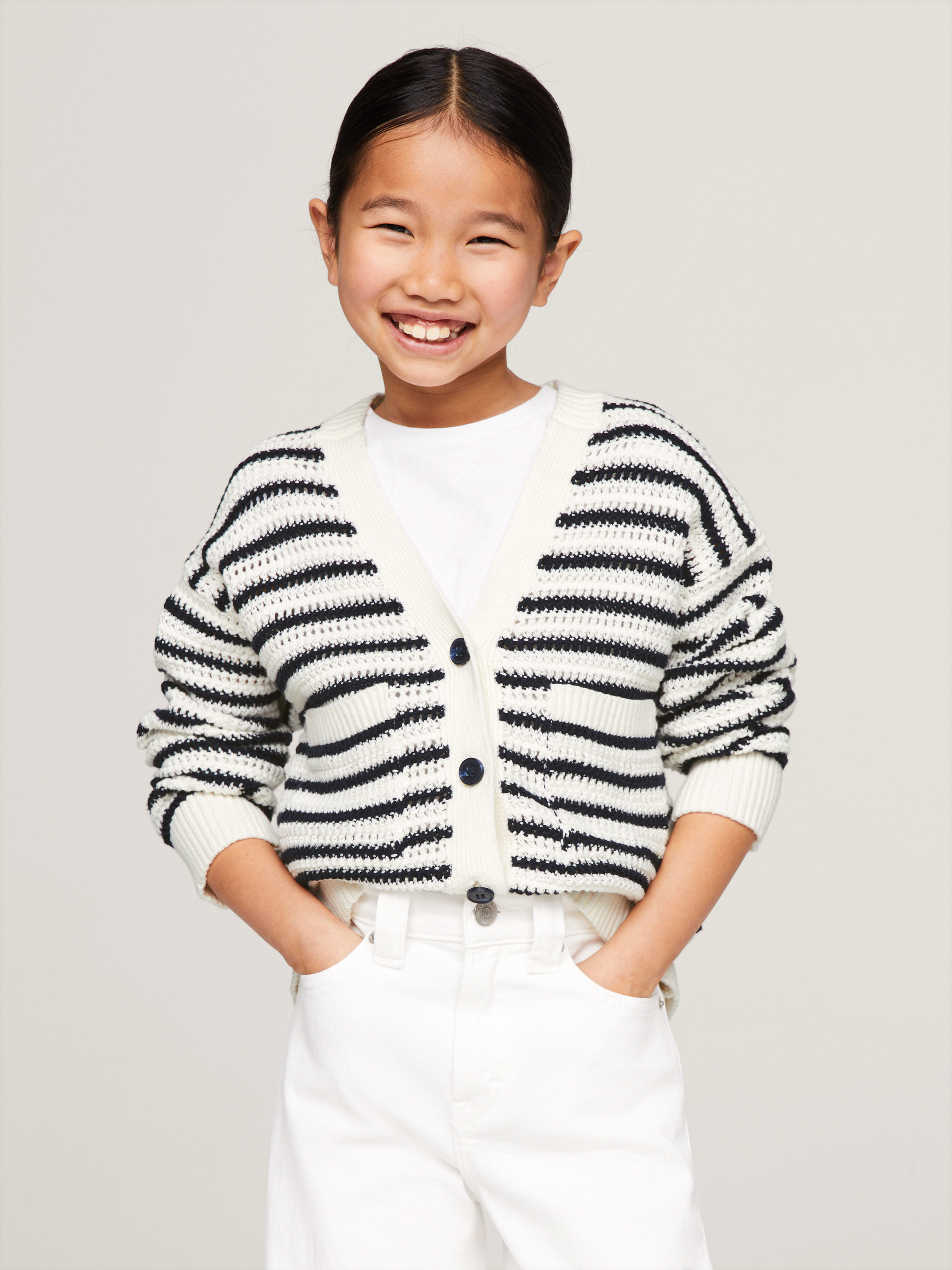 Girls 8-16 Crochet Stripe Boxy Fit V-Neck Cardigan