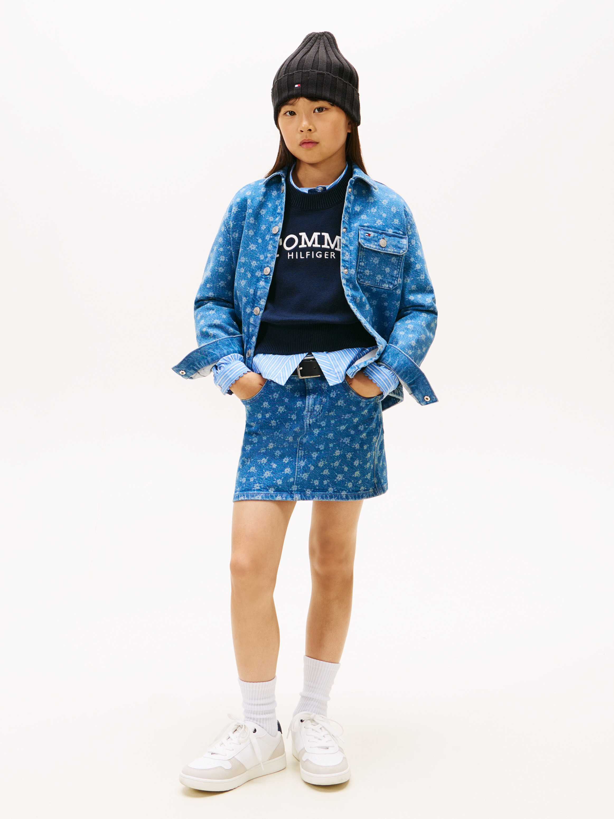 Girls 8-16 Floral Print Flag Embroidery Denim Skirt