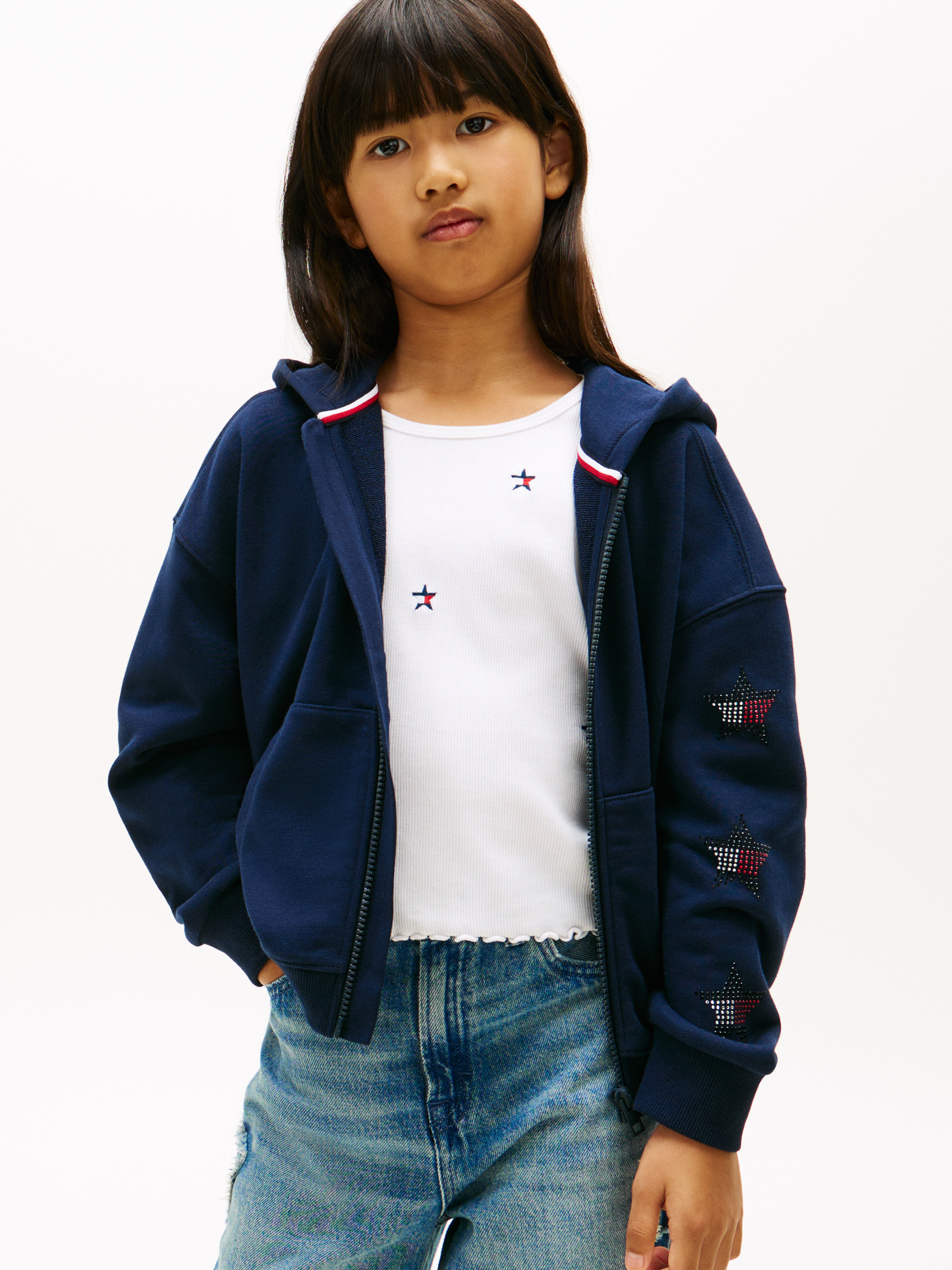 Girls 8-16 Diamante Star Back Logo Zip-Thru Hoodie