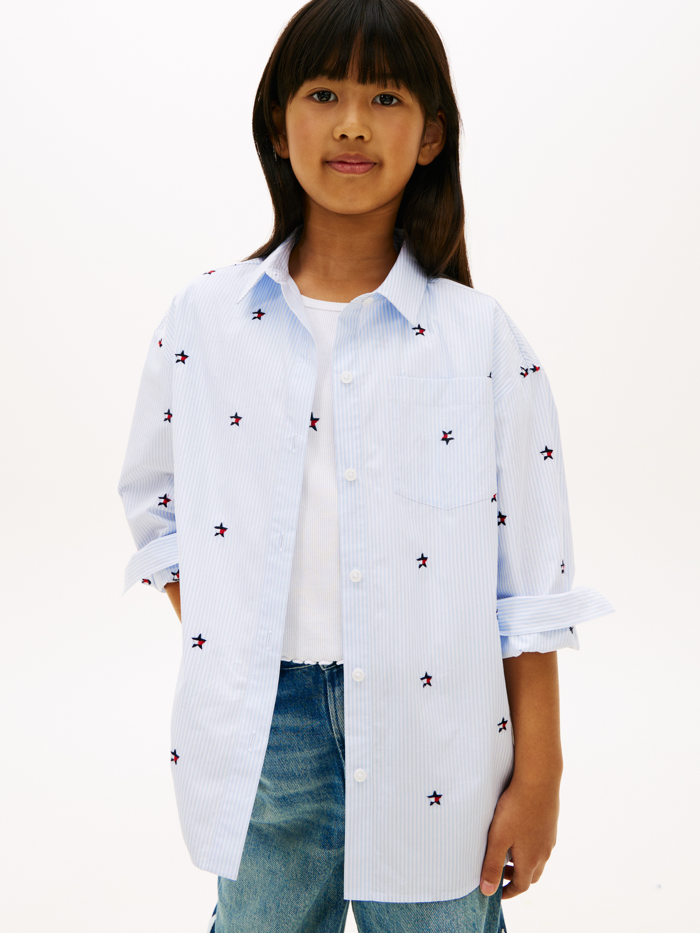 Girls 8-16 Regular Fit Stripe Star Flag Embroidery Shirt