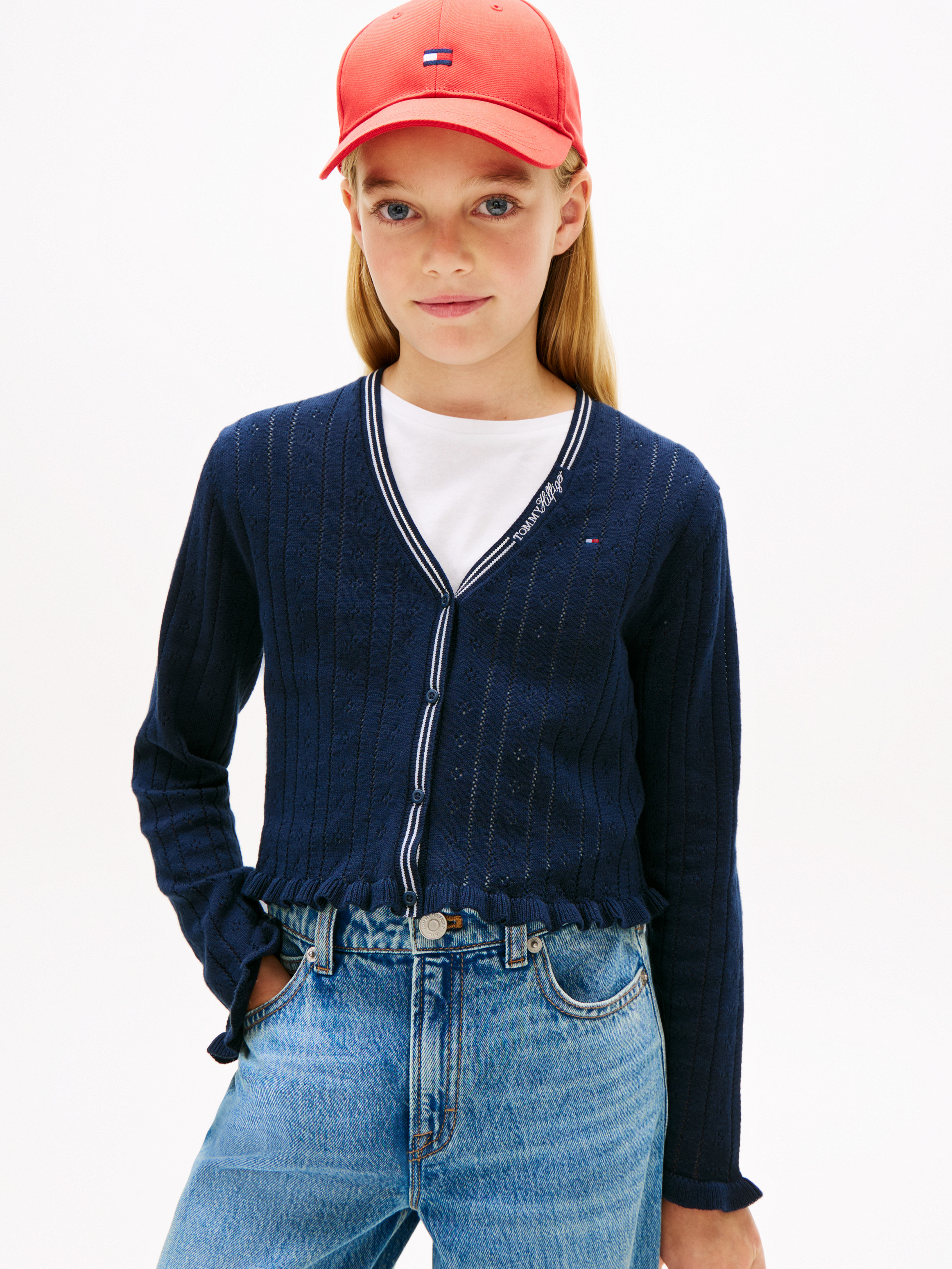 Girls 8-16 Pointelle Ruffle Trim V-Neck Cardigan